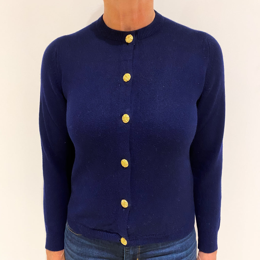 Navy Blue Cashmere Crew Neck Cardigan Medium