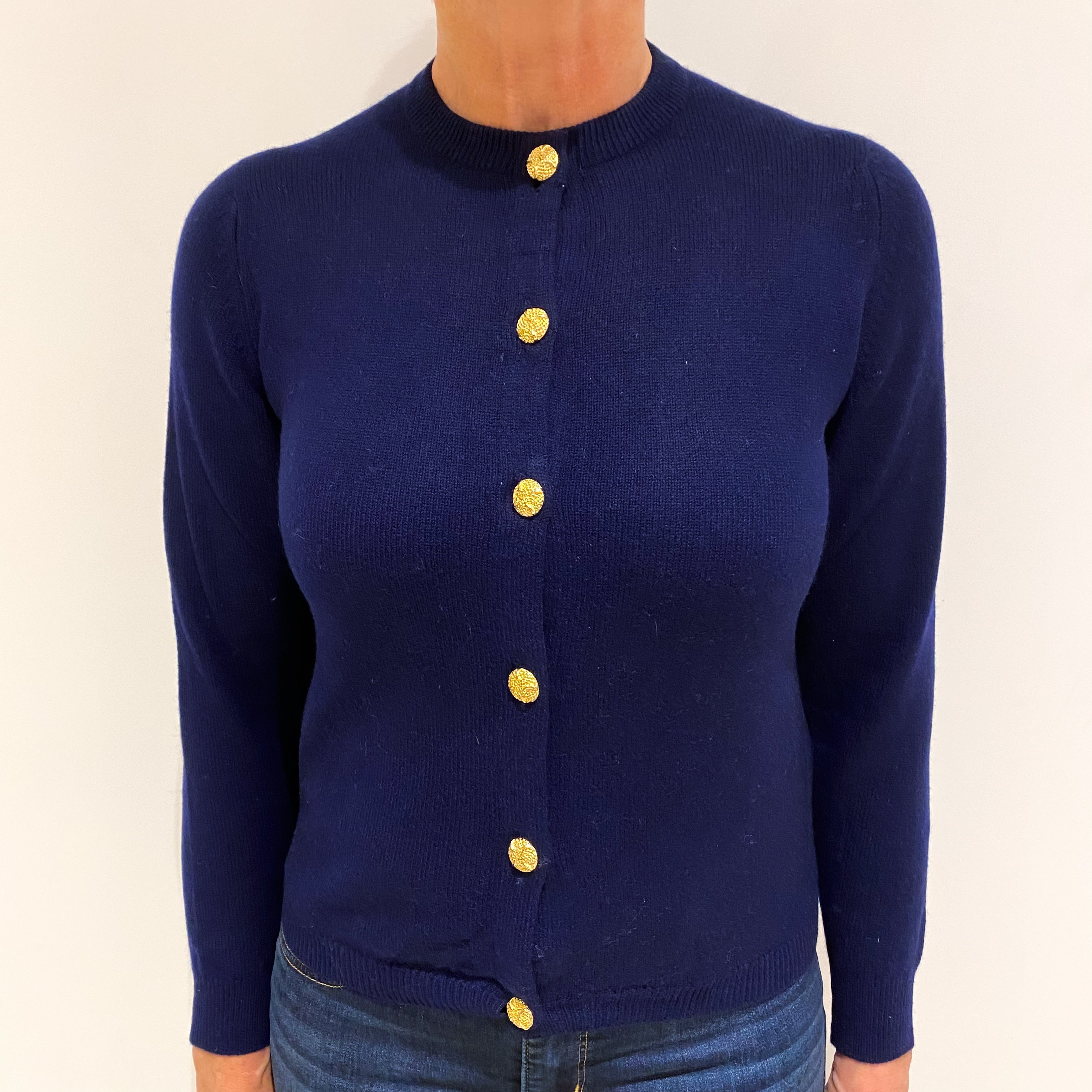 Navy Blue Cashmere Crew Neck Cardigan Medium