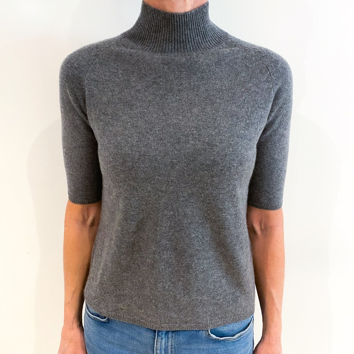 Ash Grey Cashmere Short Sleeved Turtle Neck Jumper Small