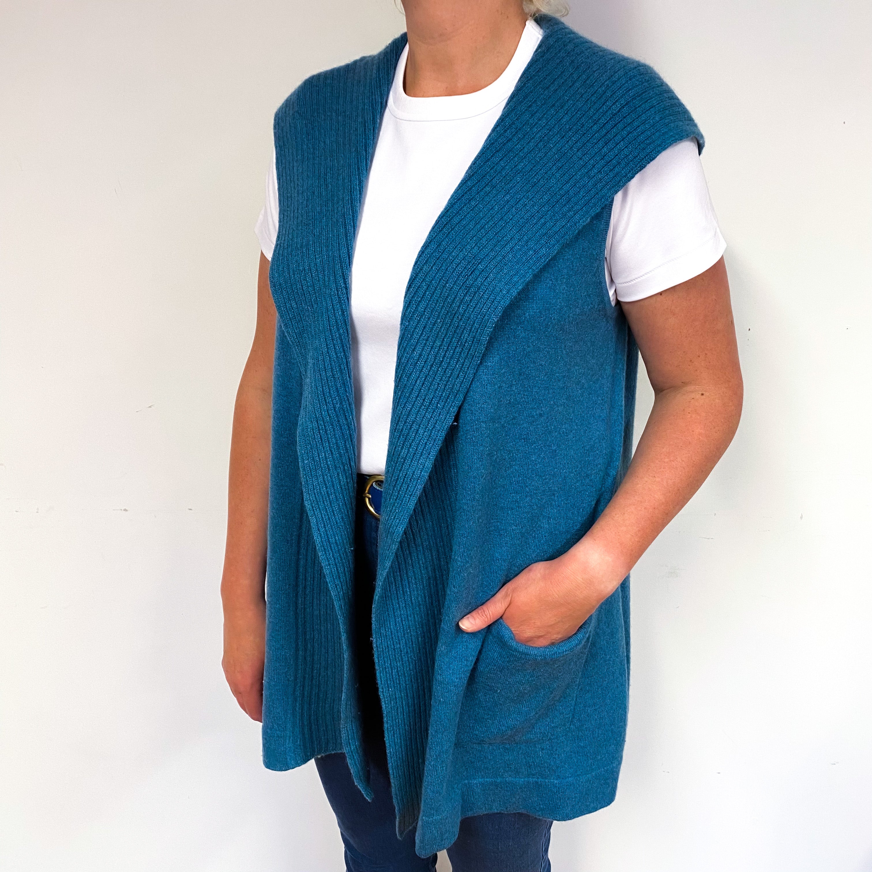 Petrol Blue Sleeveless Cashmere Cardigan with Hood Large