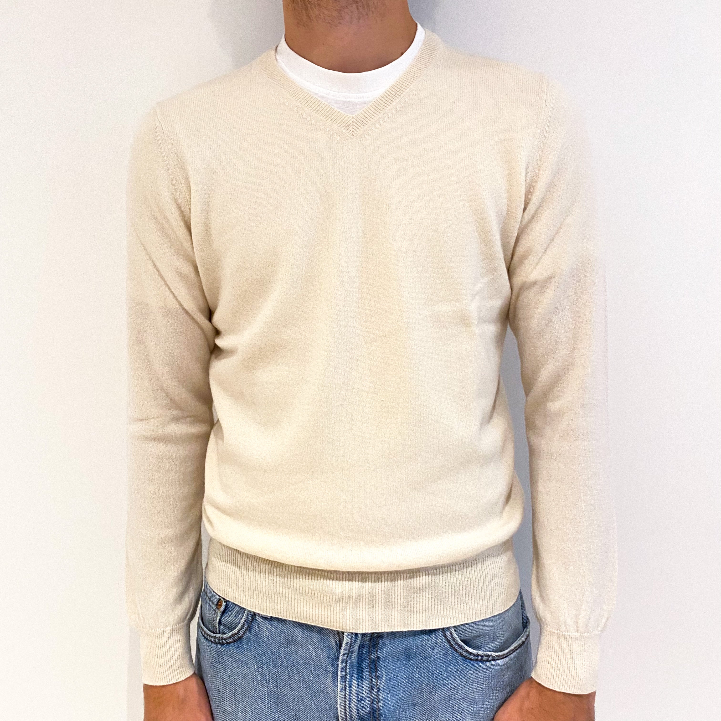 Men's Cream Cashmere V-Neck Jumper Medium