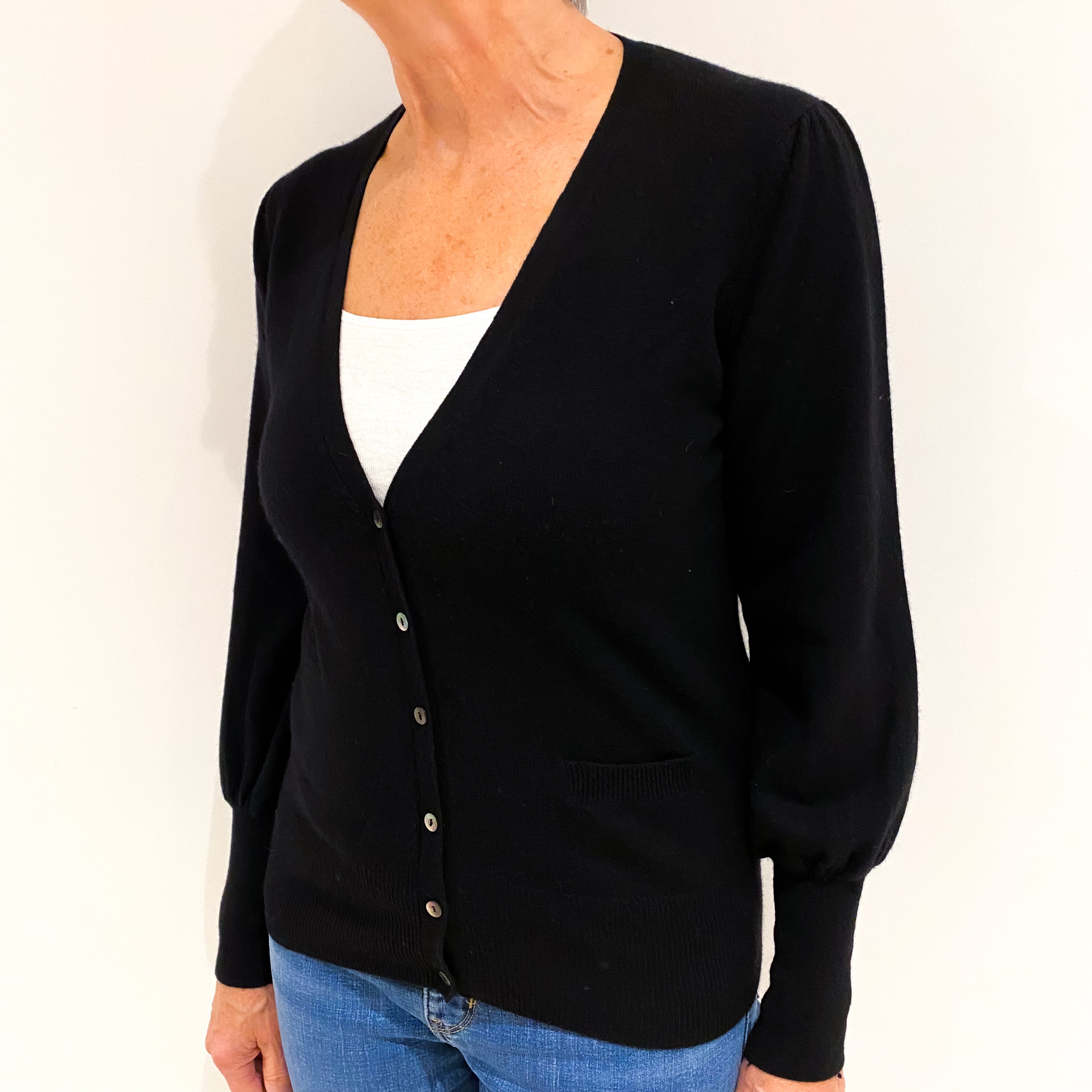 Black Cashmere V Neck Cardigan with Pockets Medium