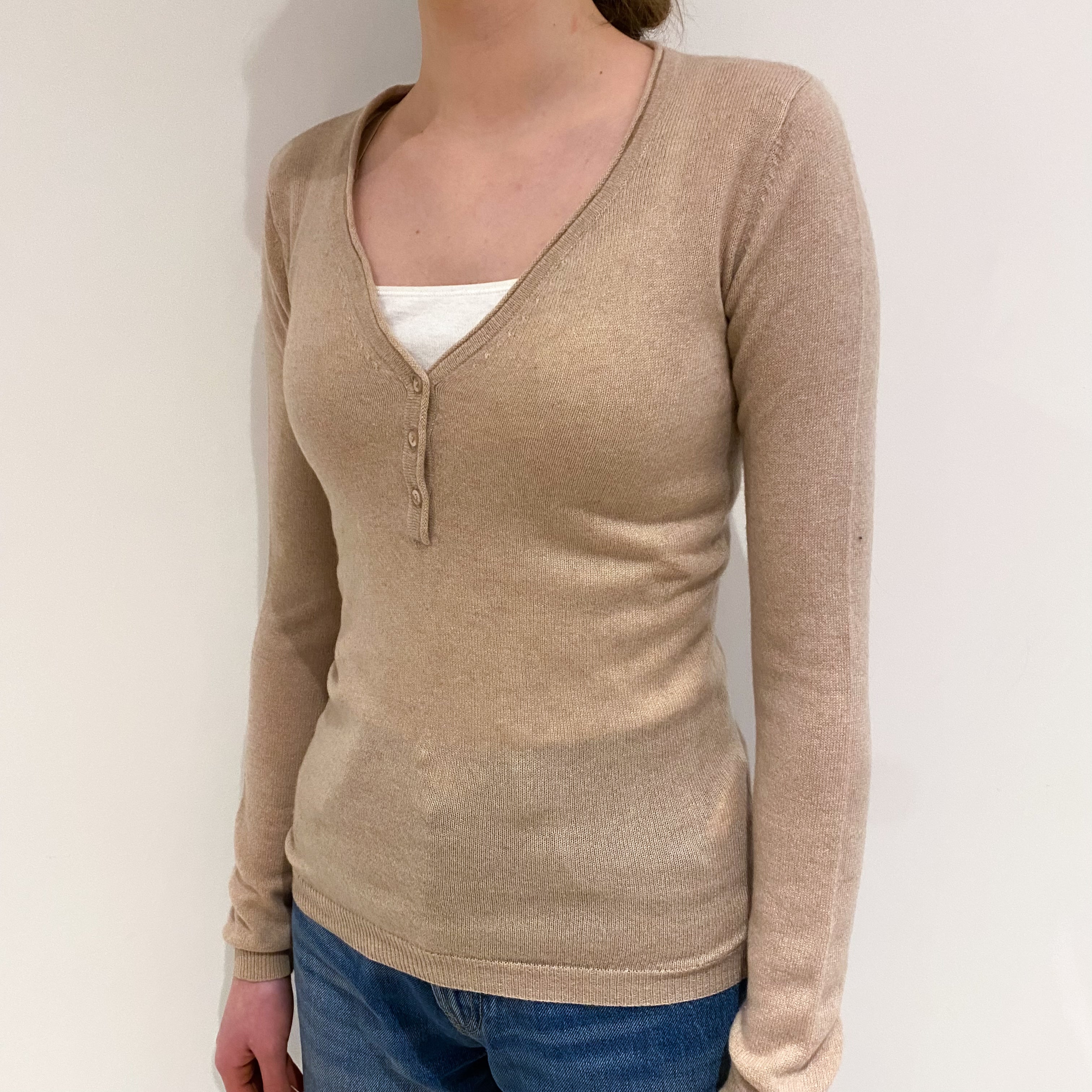 Buff Beige Cashmere Buttoned V Neck Jumper Extra Small