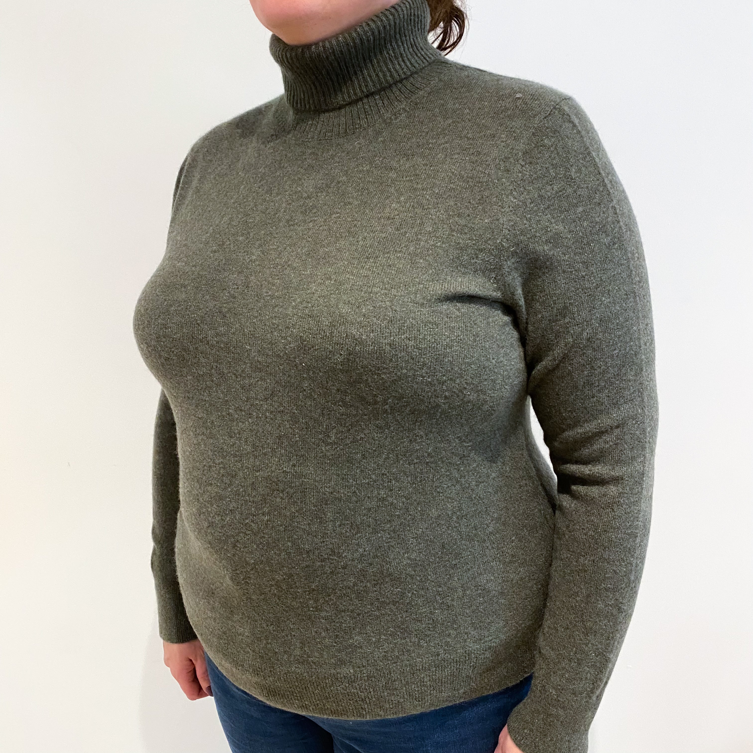 Khaki Green Cashmere Polo Neck Jumper Extra Large