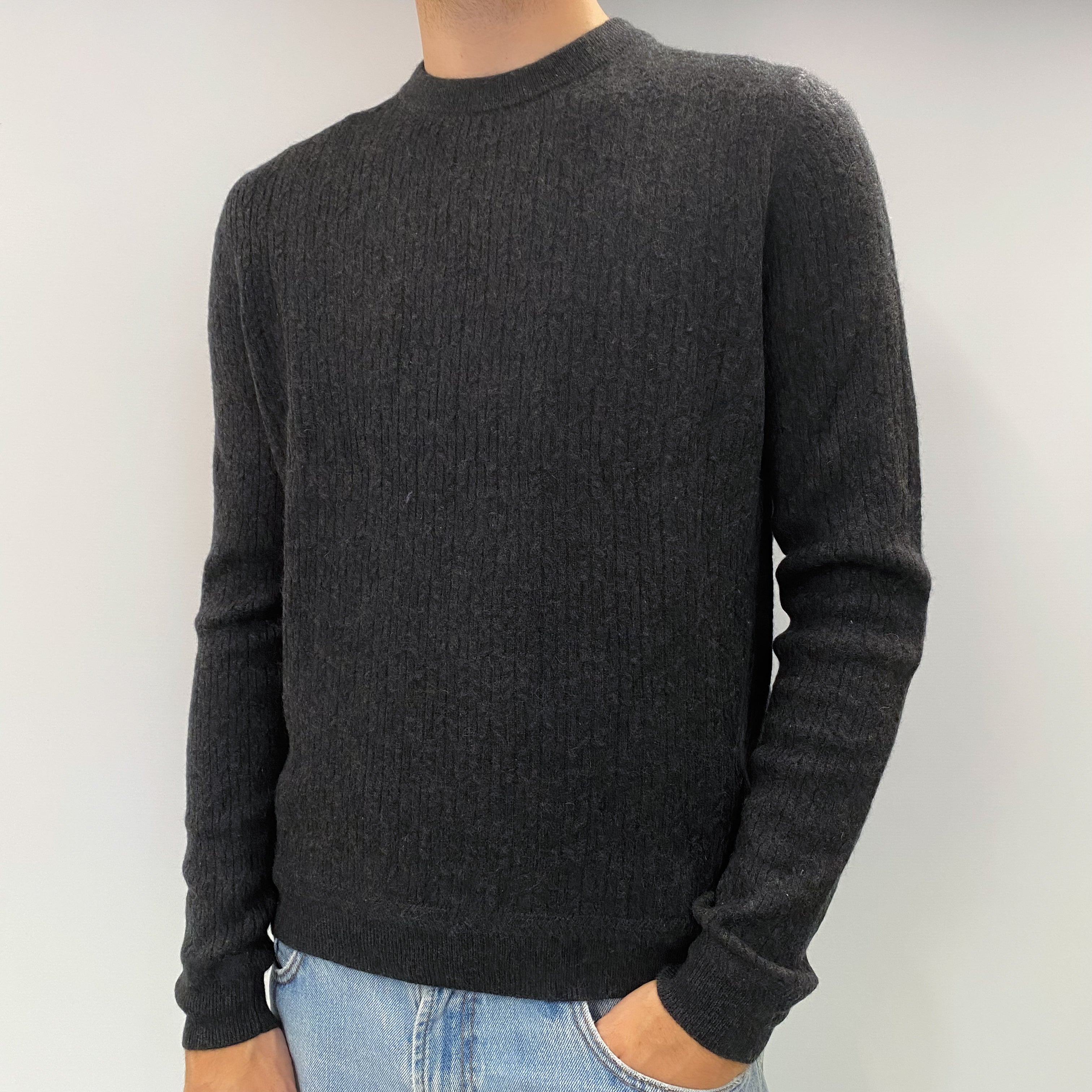 Men's Charcoal Grey Rib Cashmere Crew Neck Jumper Large