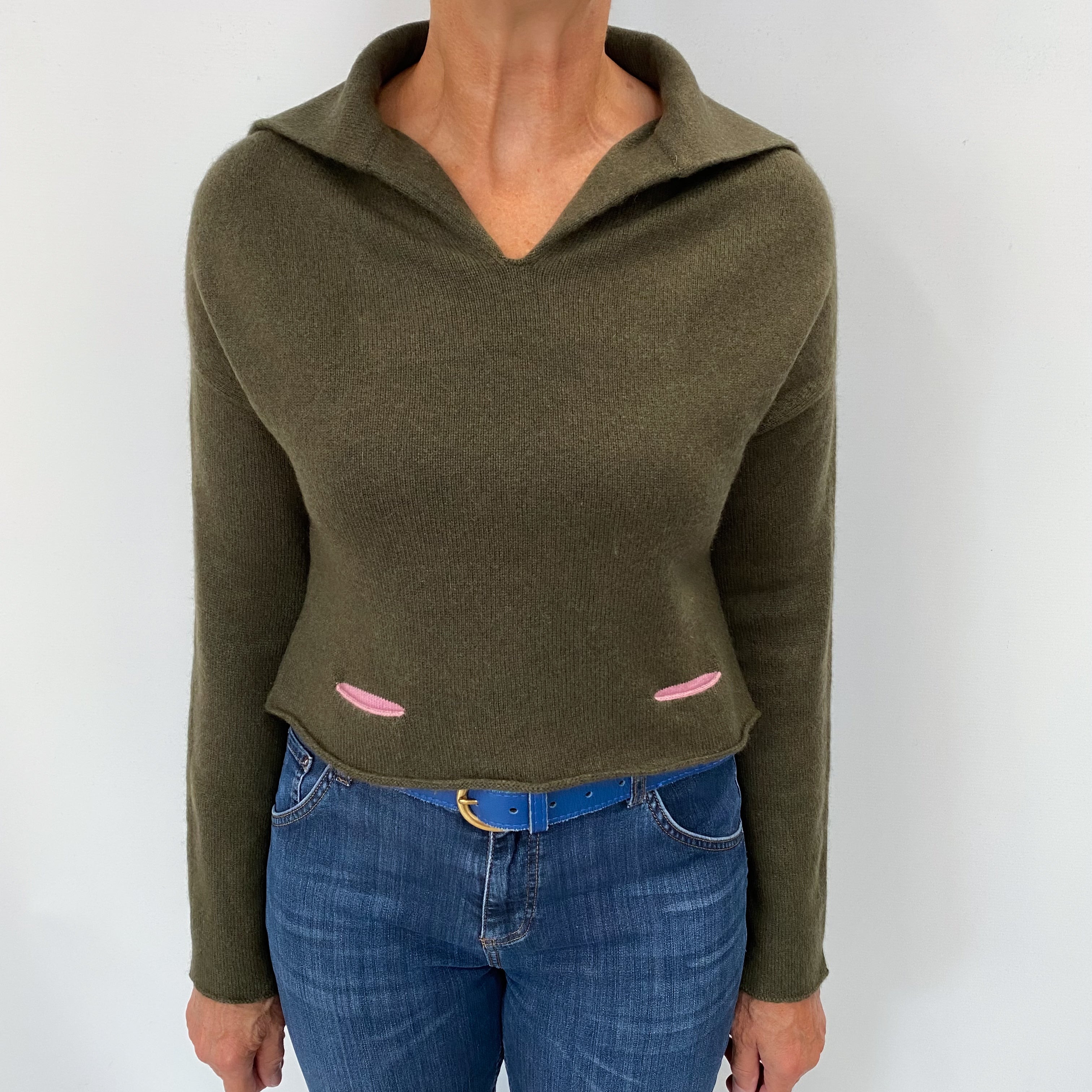 Scottish Deep Khaki Green Cashmere Collared V Neck Jumper Medium