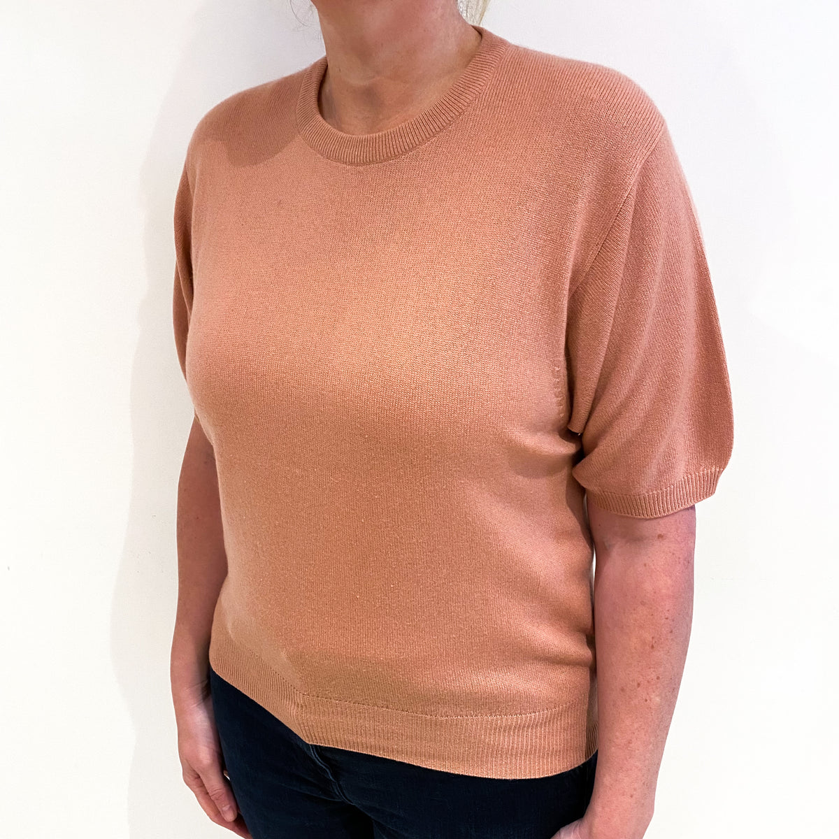 Muted Terracotta Cashmere Crew Neck Short Sleeved Jumper Large