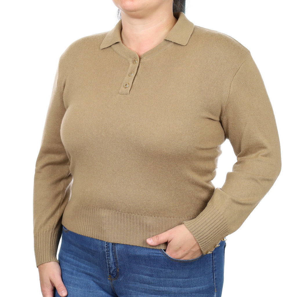 Camel Brown Cashmere Collared V Neck Jumper Large