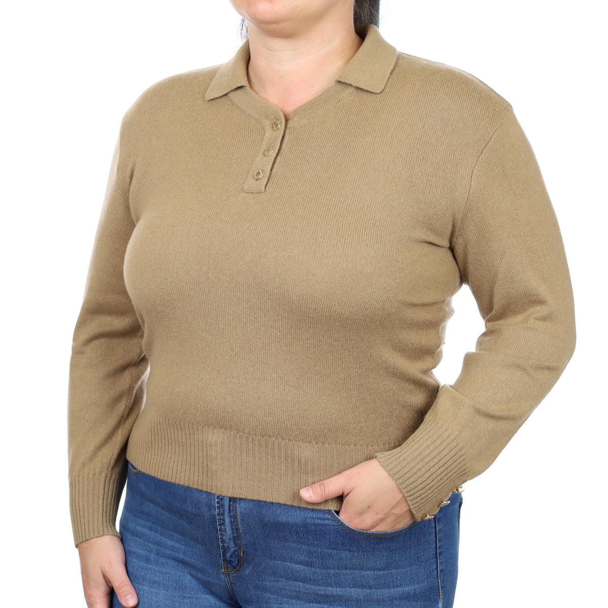 Camel Brown Cashmere Collared V Neck Jumper Large
