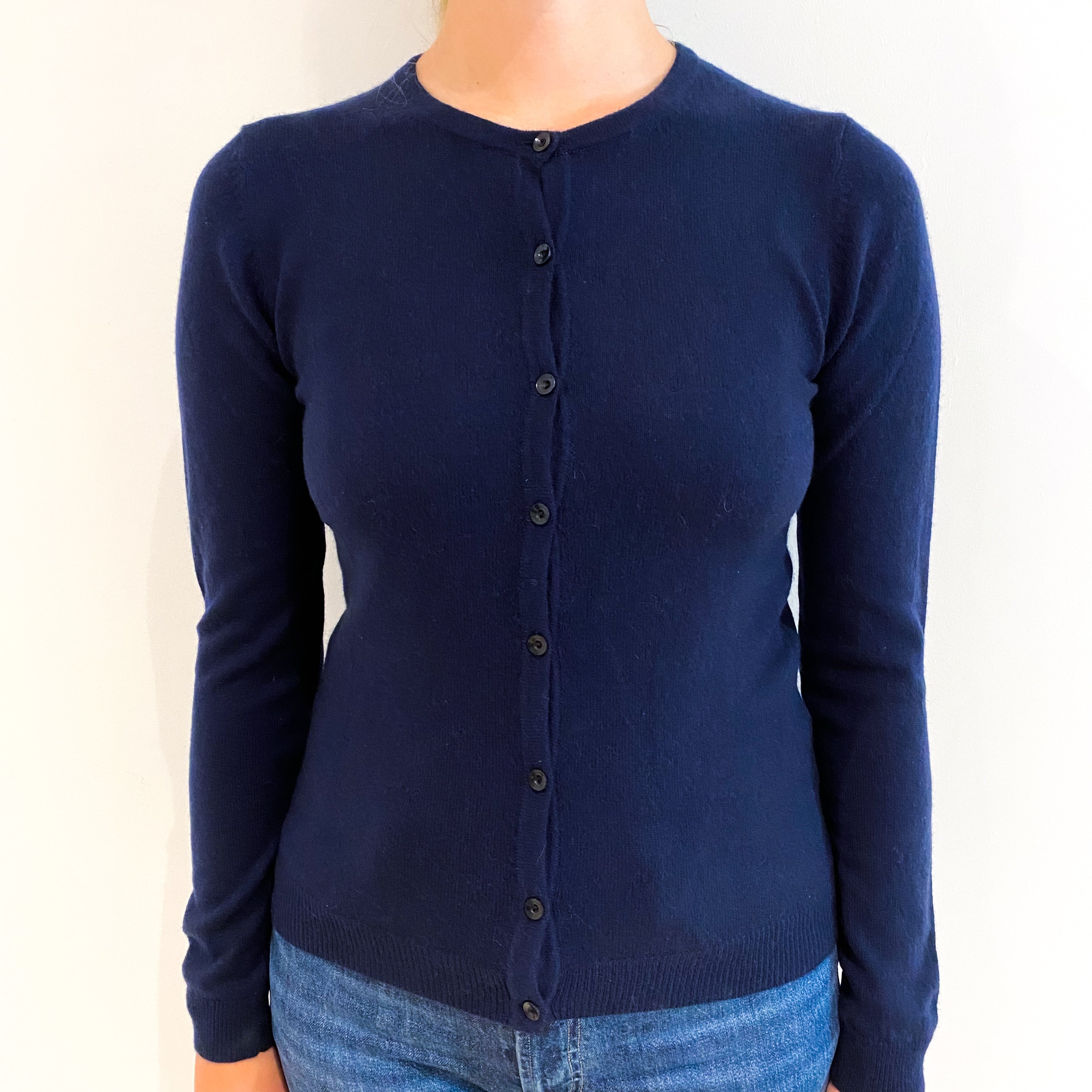 Navy Blue Cashmere Crew Neck Cardigan Small