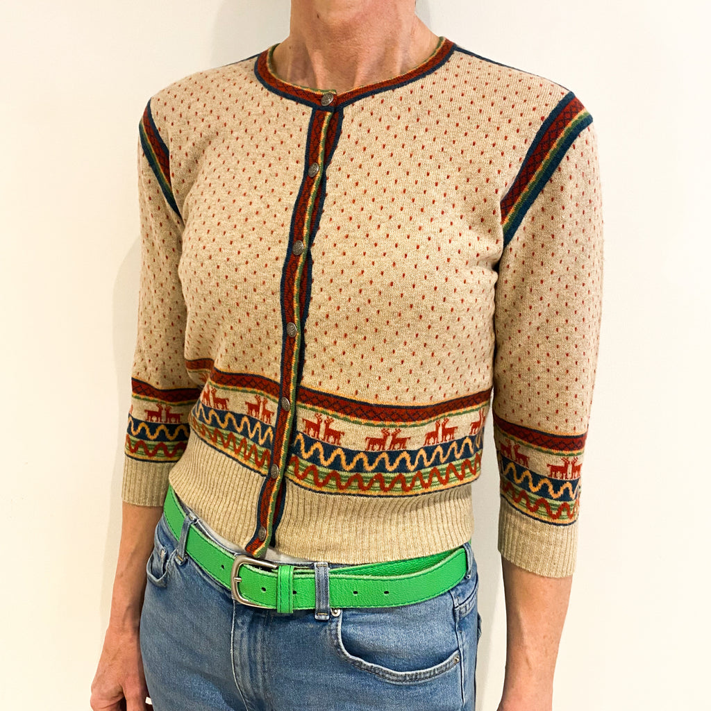 Fawn Beige Cashmere Crew Neck Cardigan Small