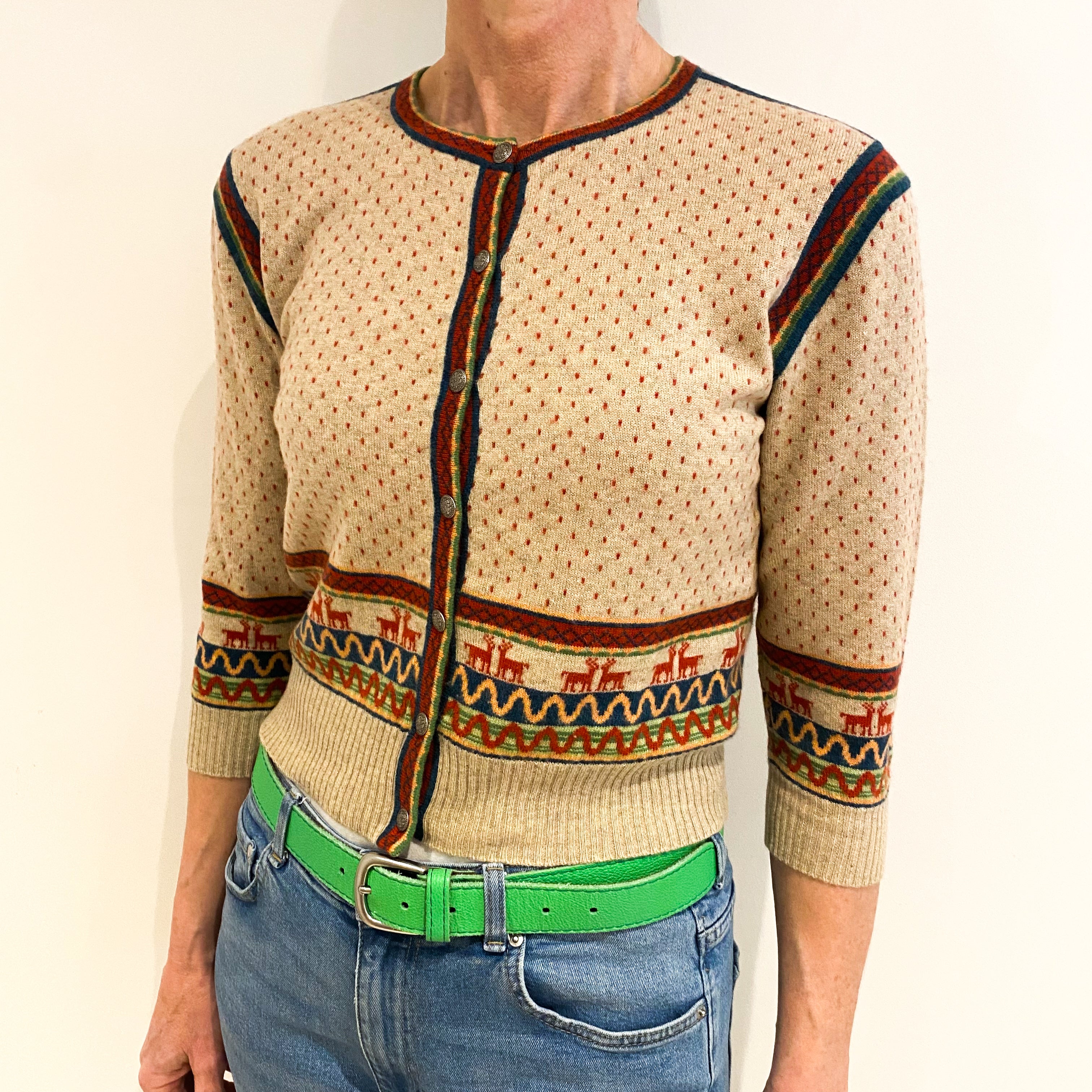 Fawn Beige Cashmere Crew Neck Cardigan Small
