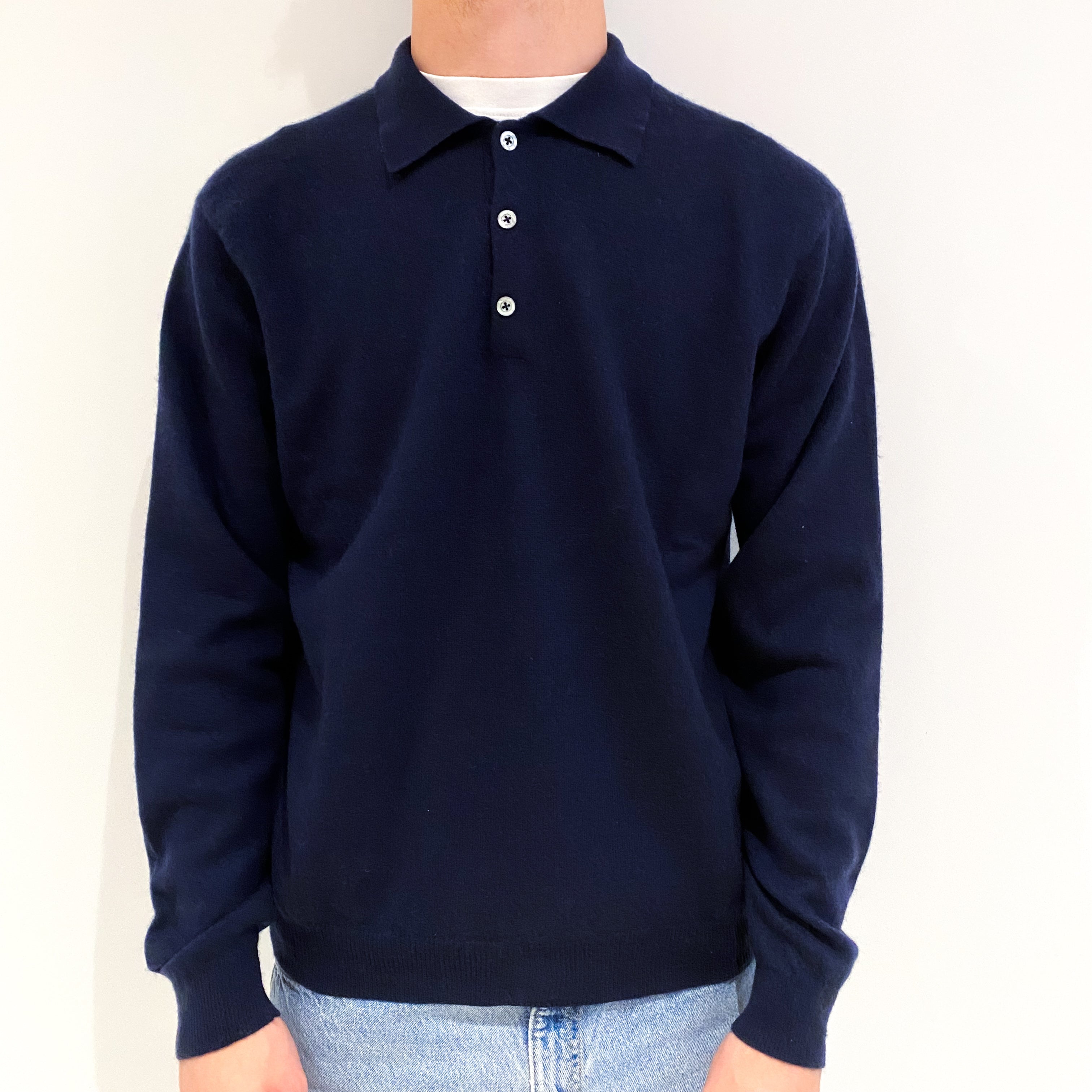 Men's Navy Blue Cashmere 1/4 Button Collared Jumper Large