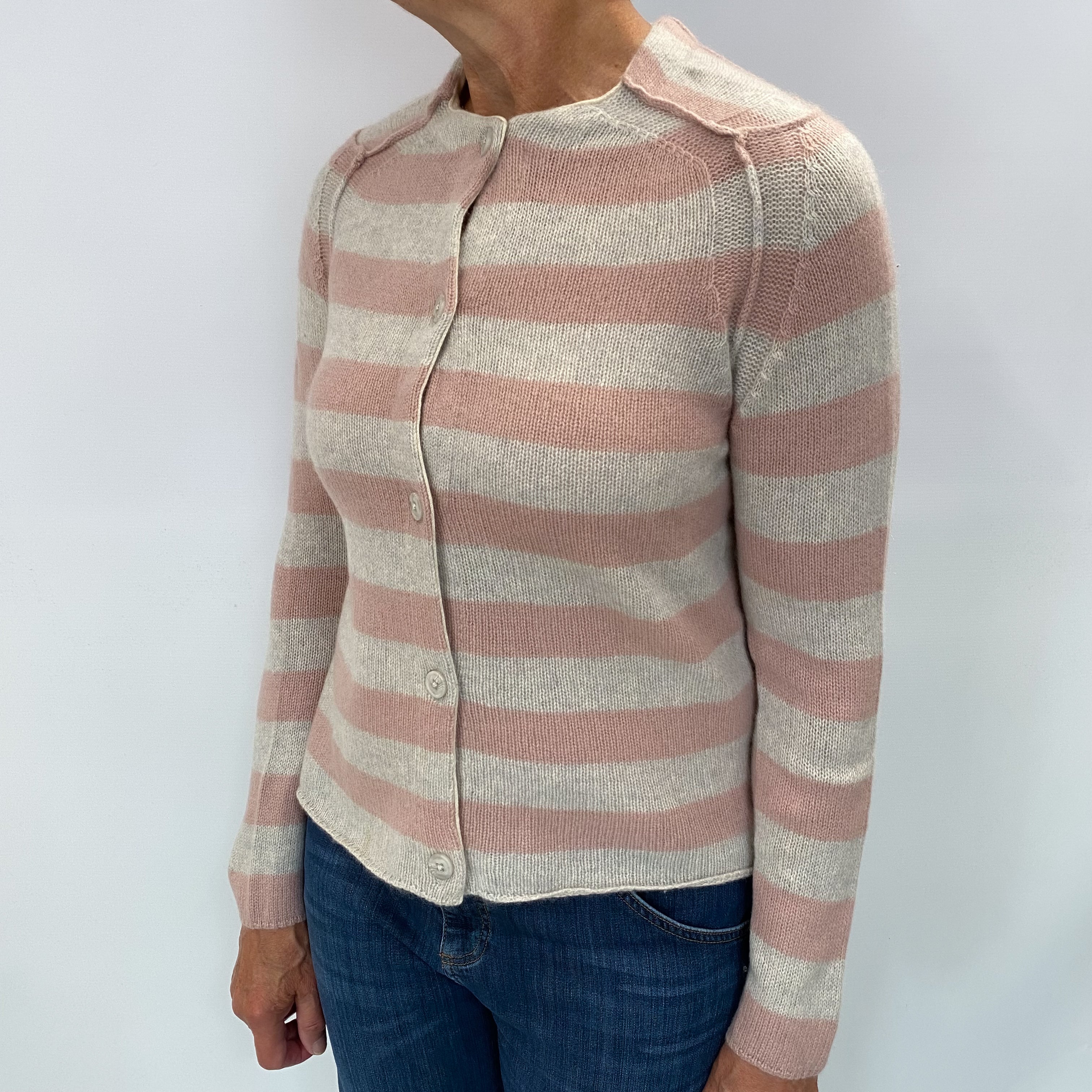 Grey and Pink Stripe Cashmere Cardigan Medium