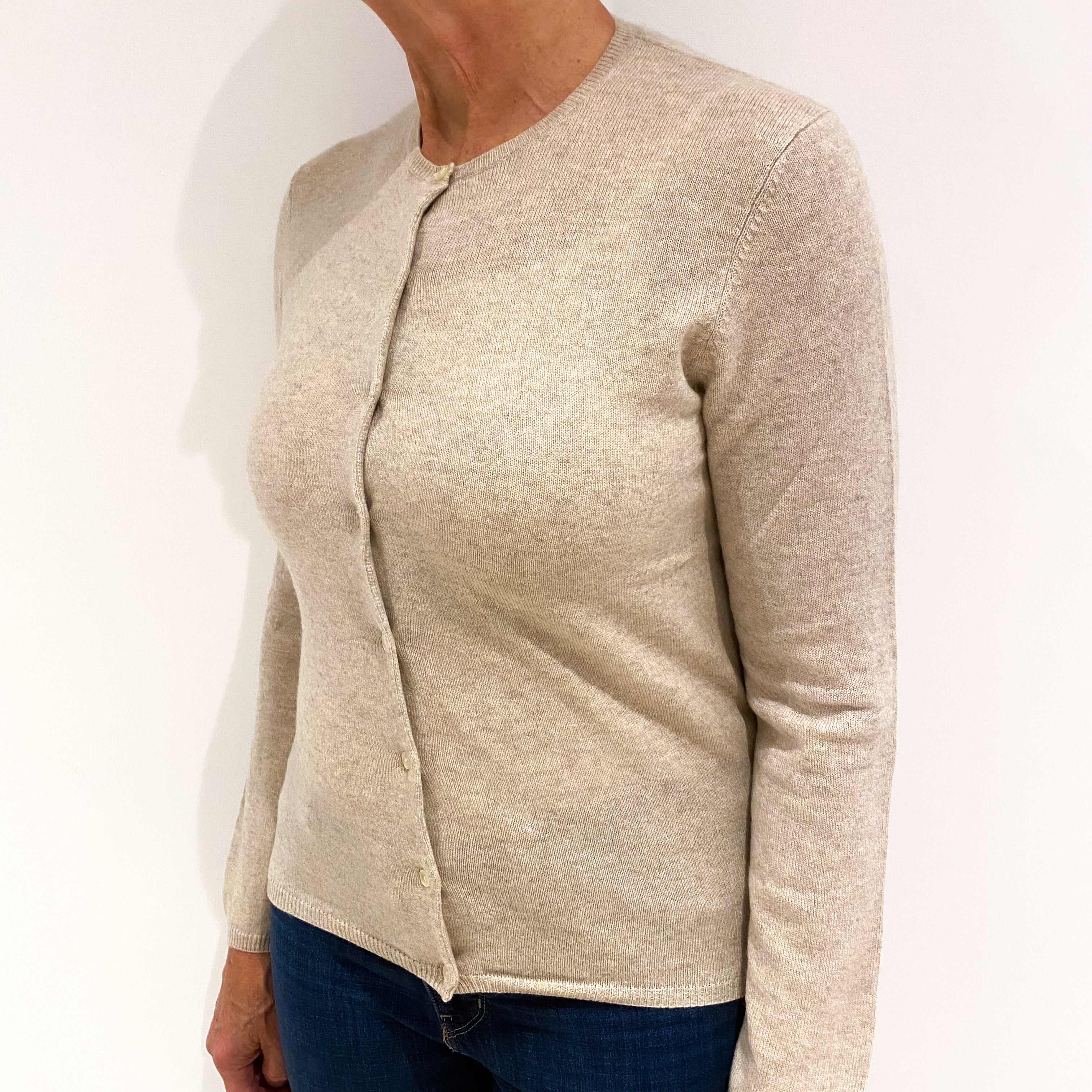 Biscuit Beige Cashmere Crew Neck Cardigan Medium