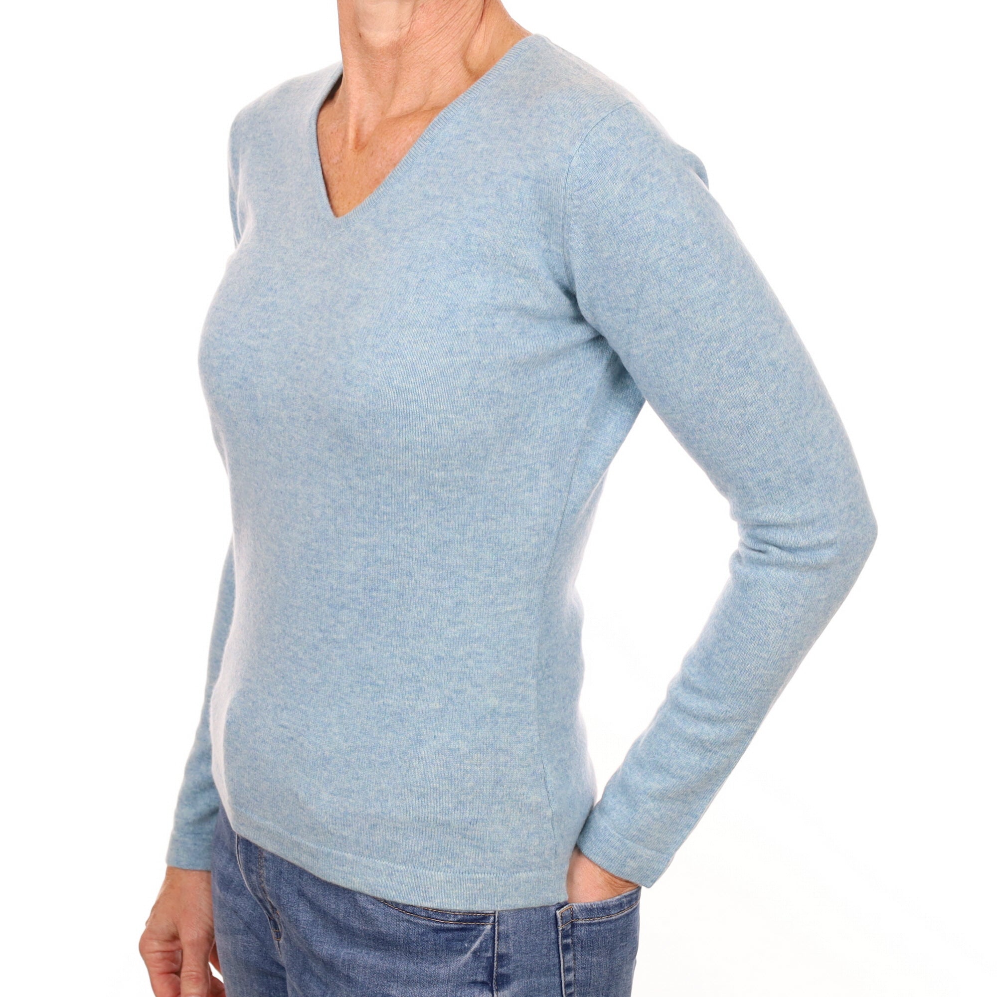 New Opal Blue Cashmere V Neck Jumper Small