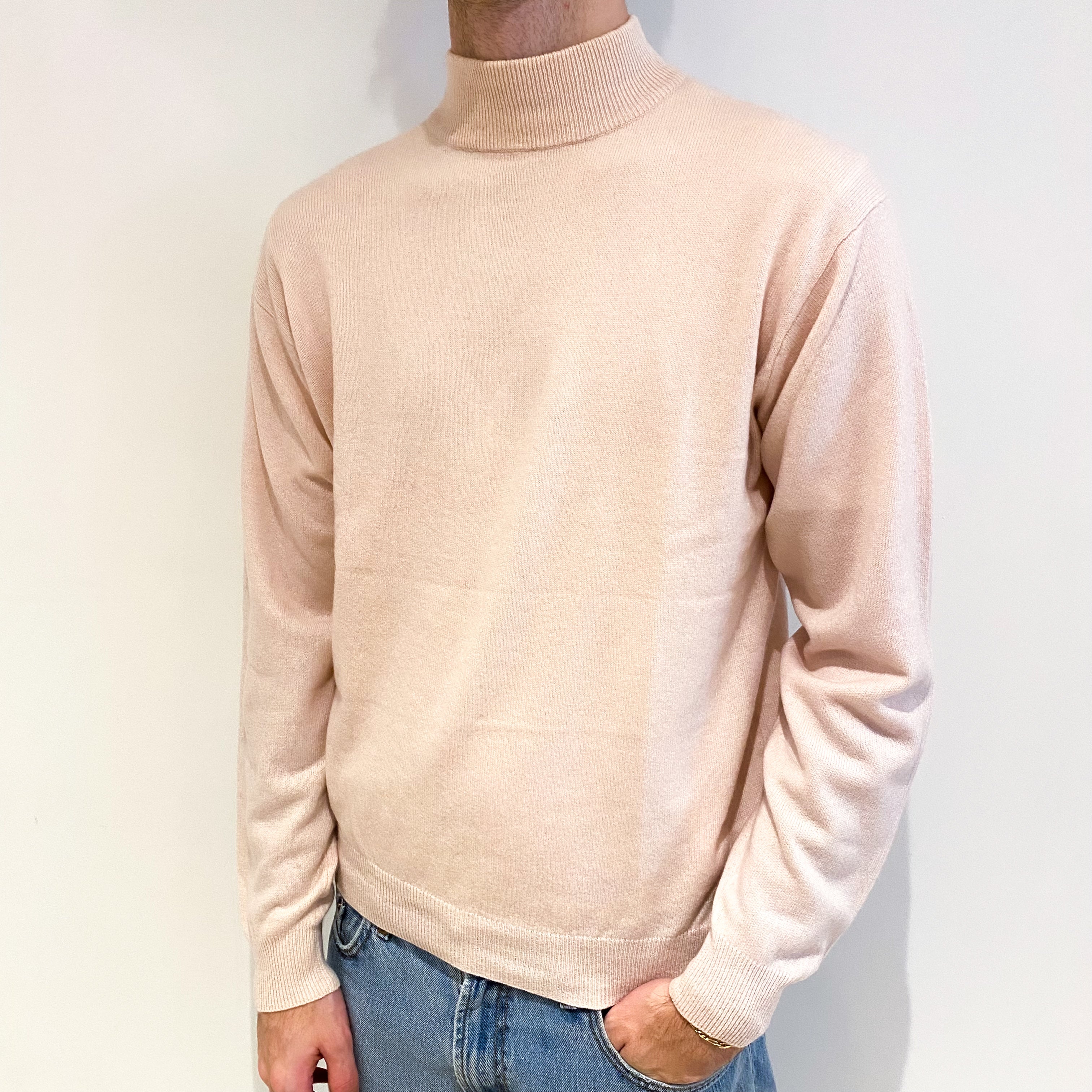Men's Shell Pink Cashmere Turtle Neck Jumper Large