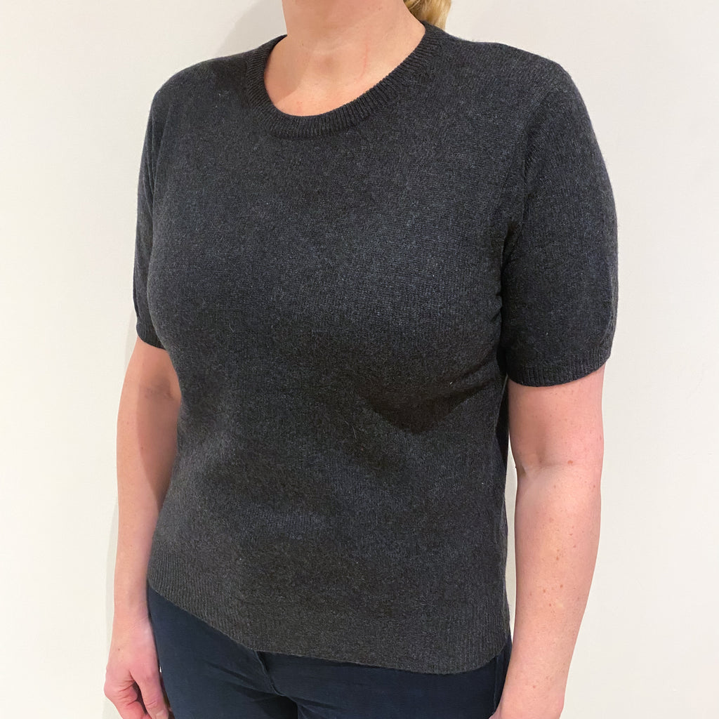 Charcoal Grey Cashmere Short Sleeved Crew Neck Jumper Large