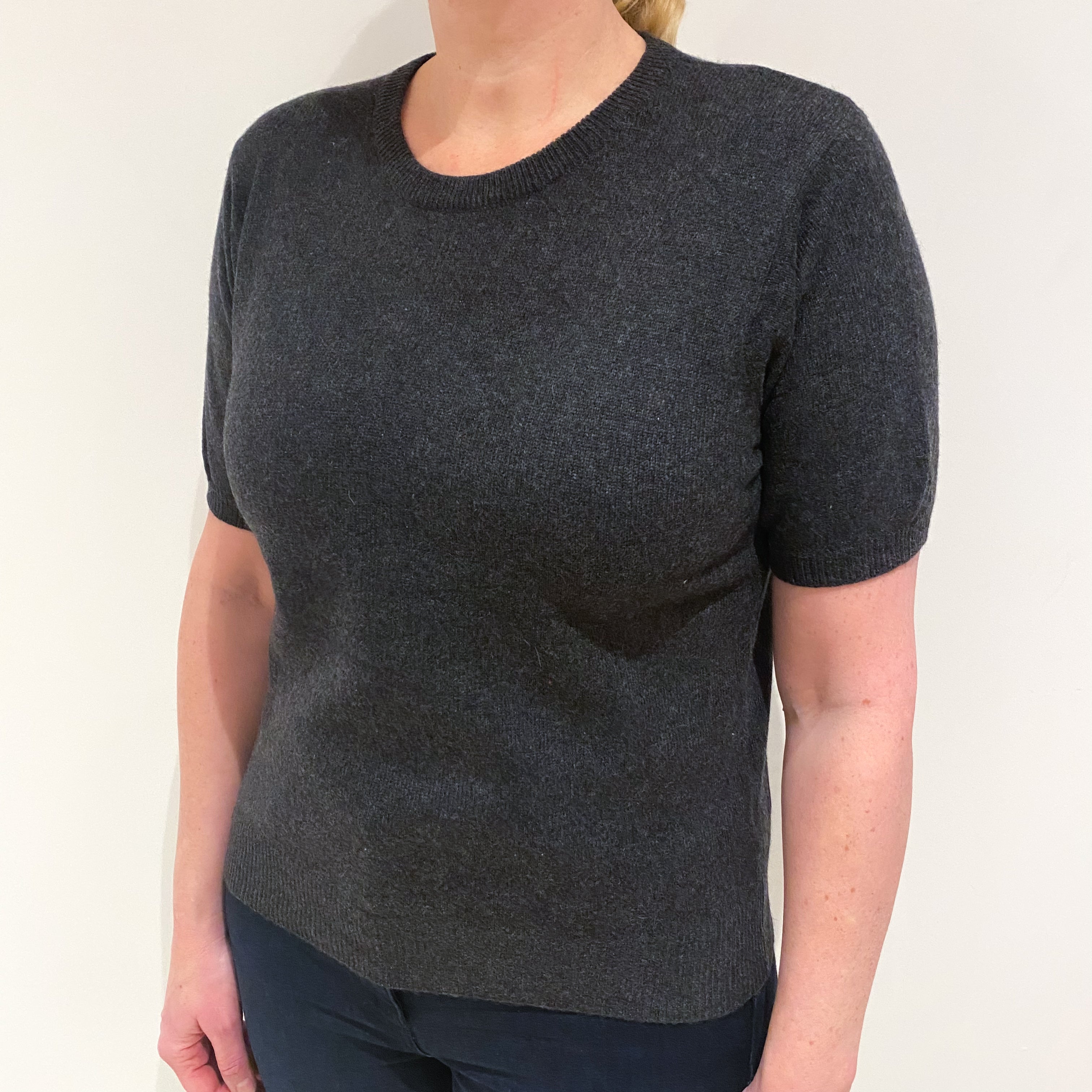 Charcoal Grey Cashmere Short Sleeved Crew Neck Jumper Large