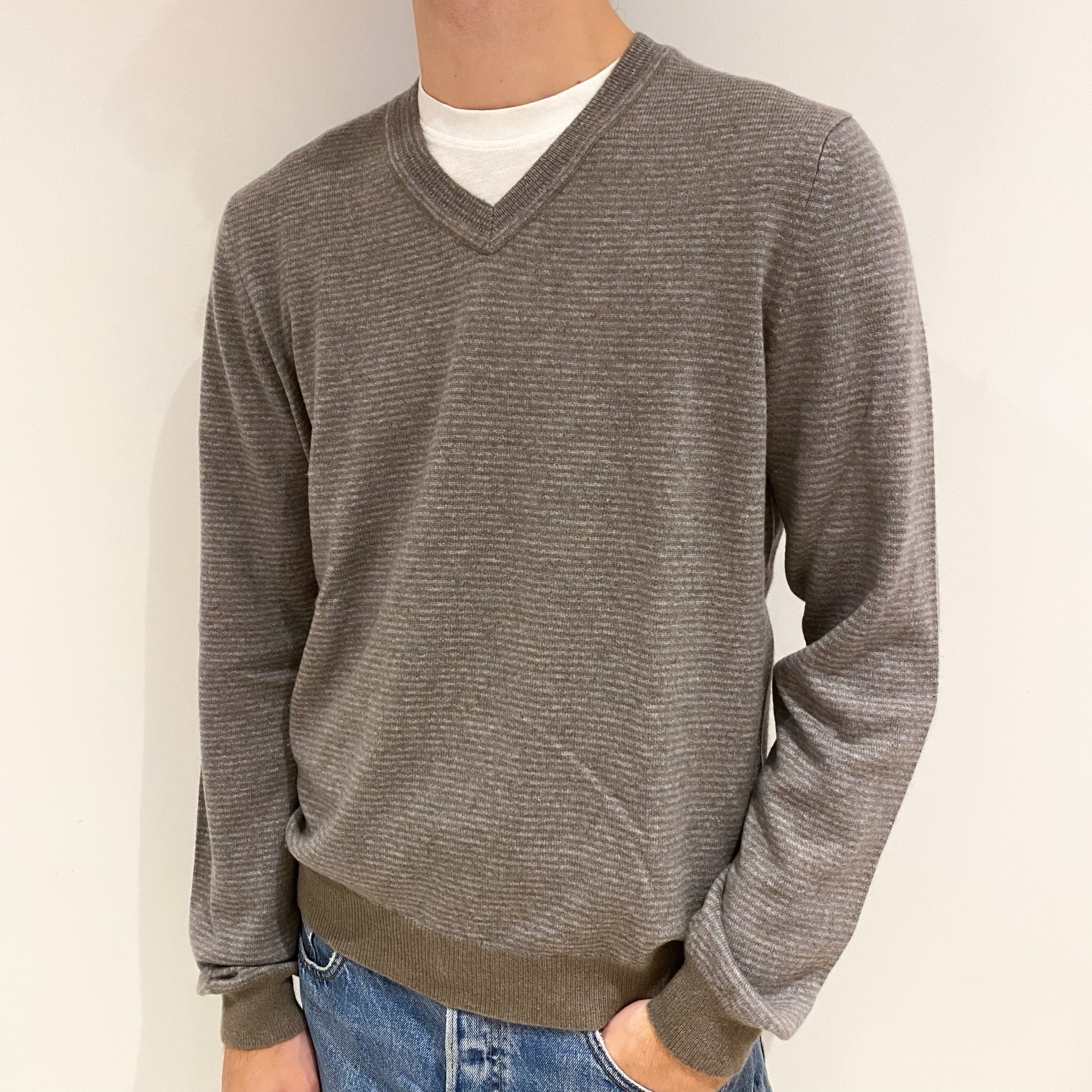 Men's Mocha Brown Stripe Cashmere V Neck Jumper Large