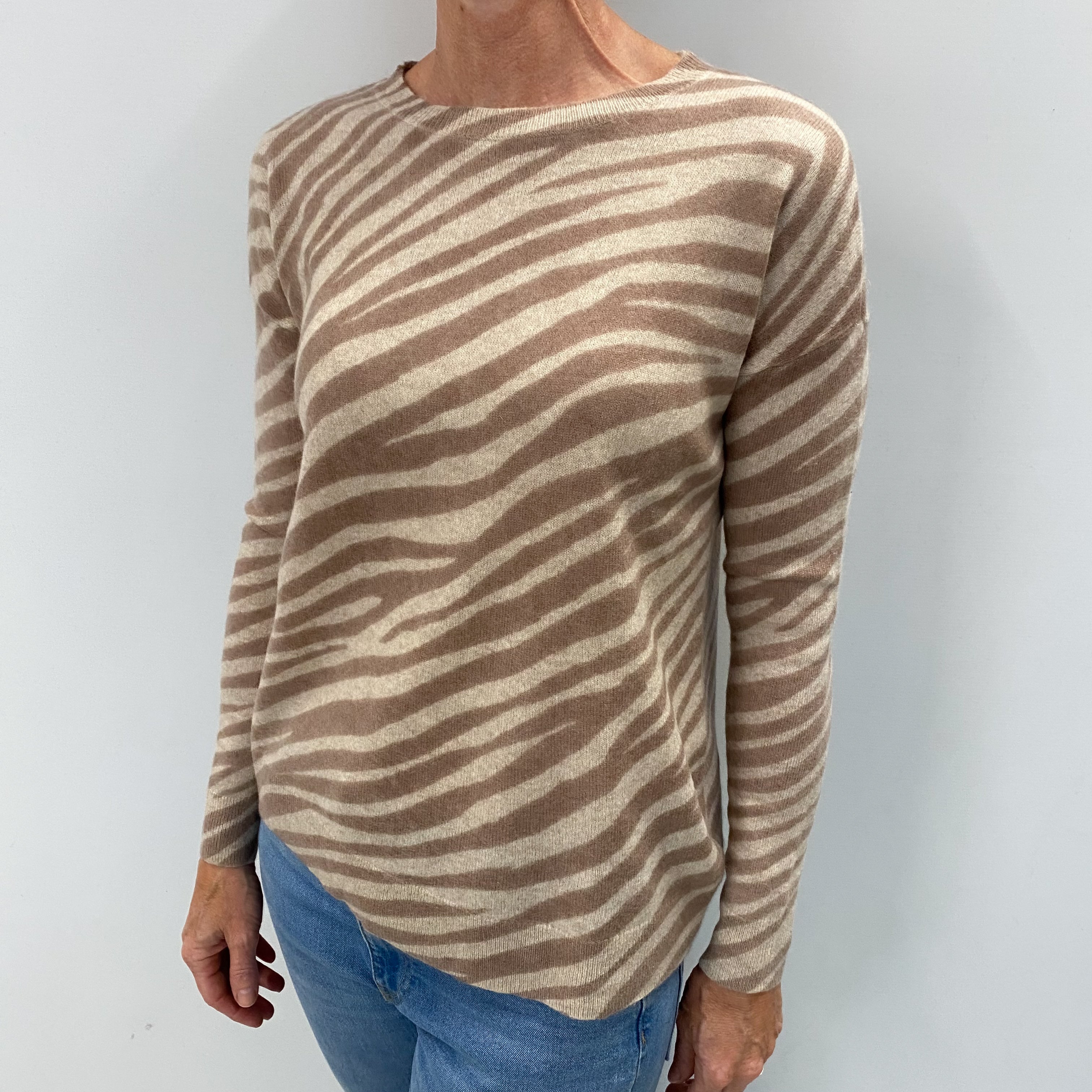 Oatmeal and Mink Zebra Cashmere Crew Neck Jumper Small