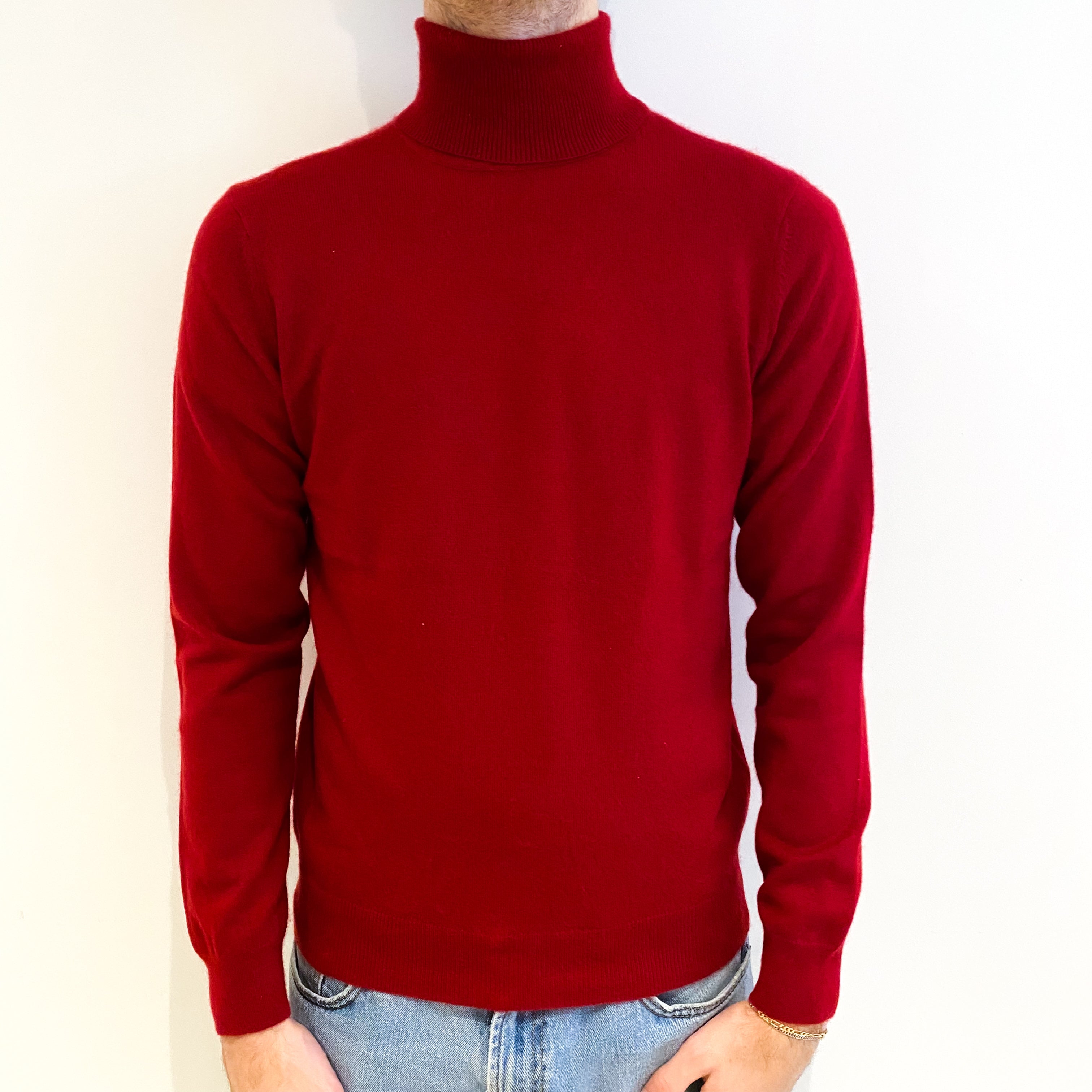 Men's Crimson Red Cashmere Polo Neck Jumper Medium