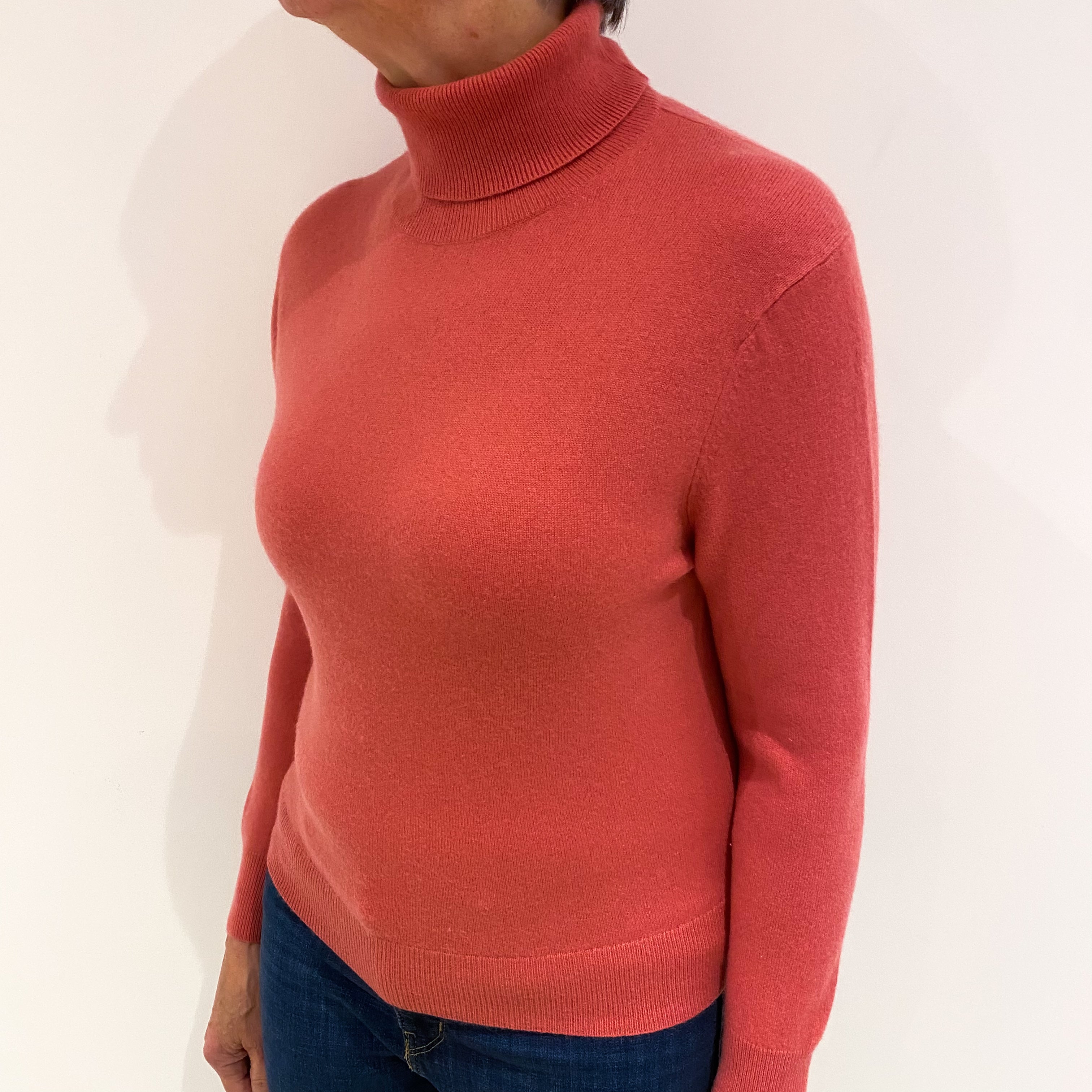 Deep Flamingo Pink Cashmere Polo Neck Jumper Medium