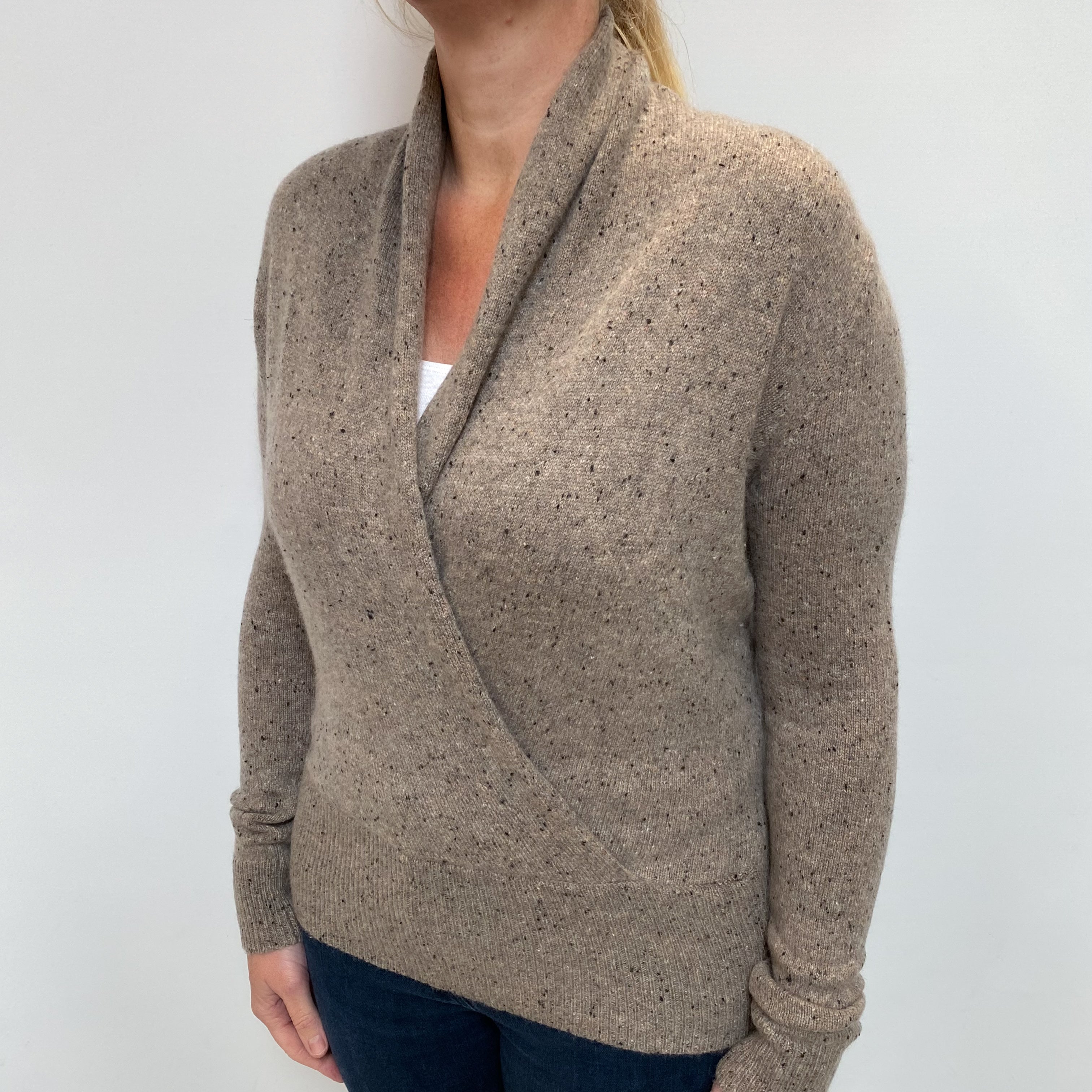 Taupe Marl Cashmere Cross Over V Neck Jumper Large