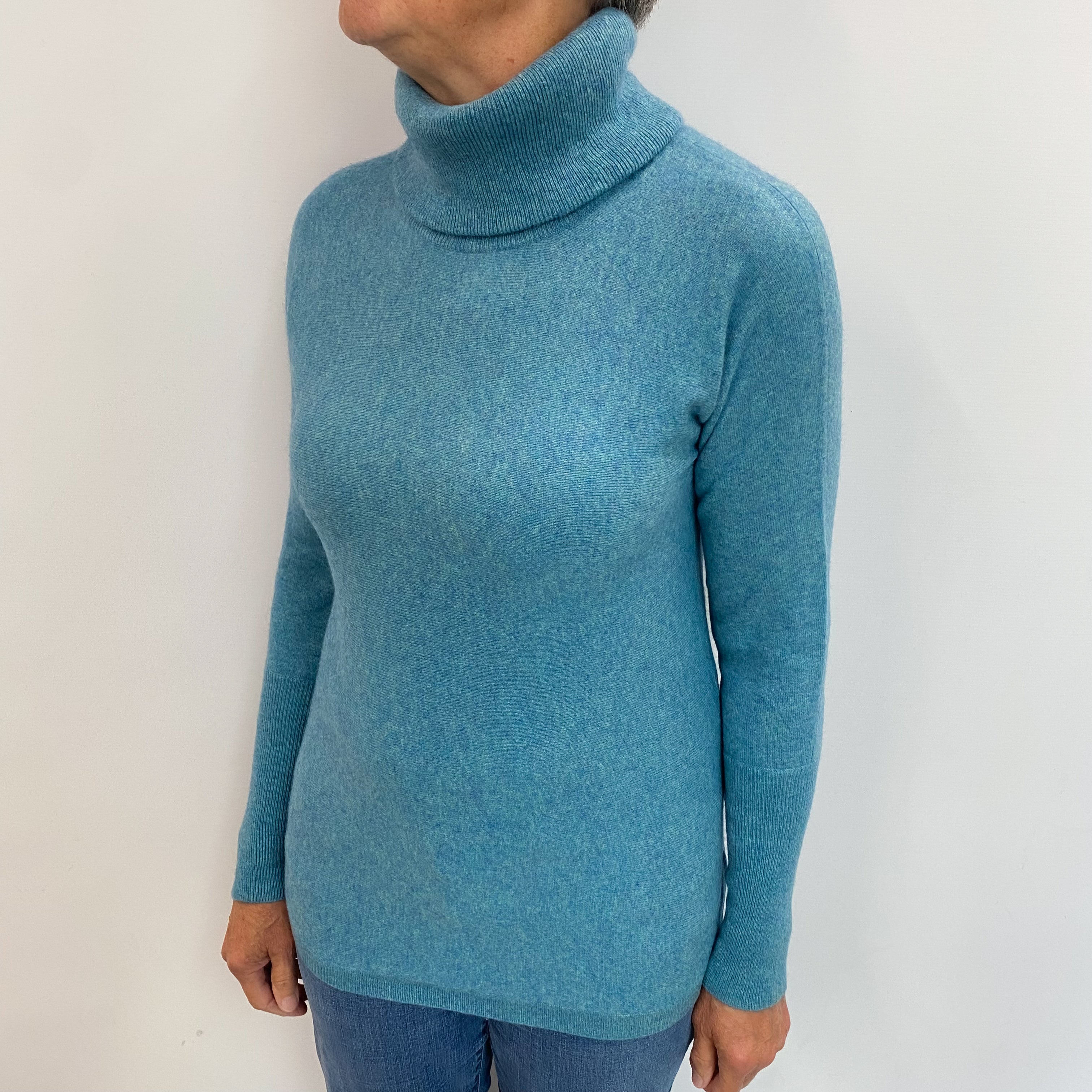 Aqua Blue Marl Cashmere Polo Neck Jumper Medium