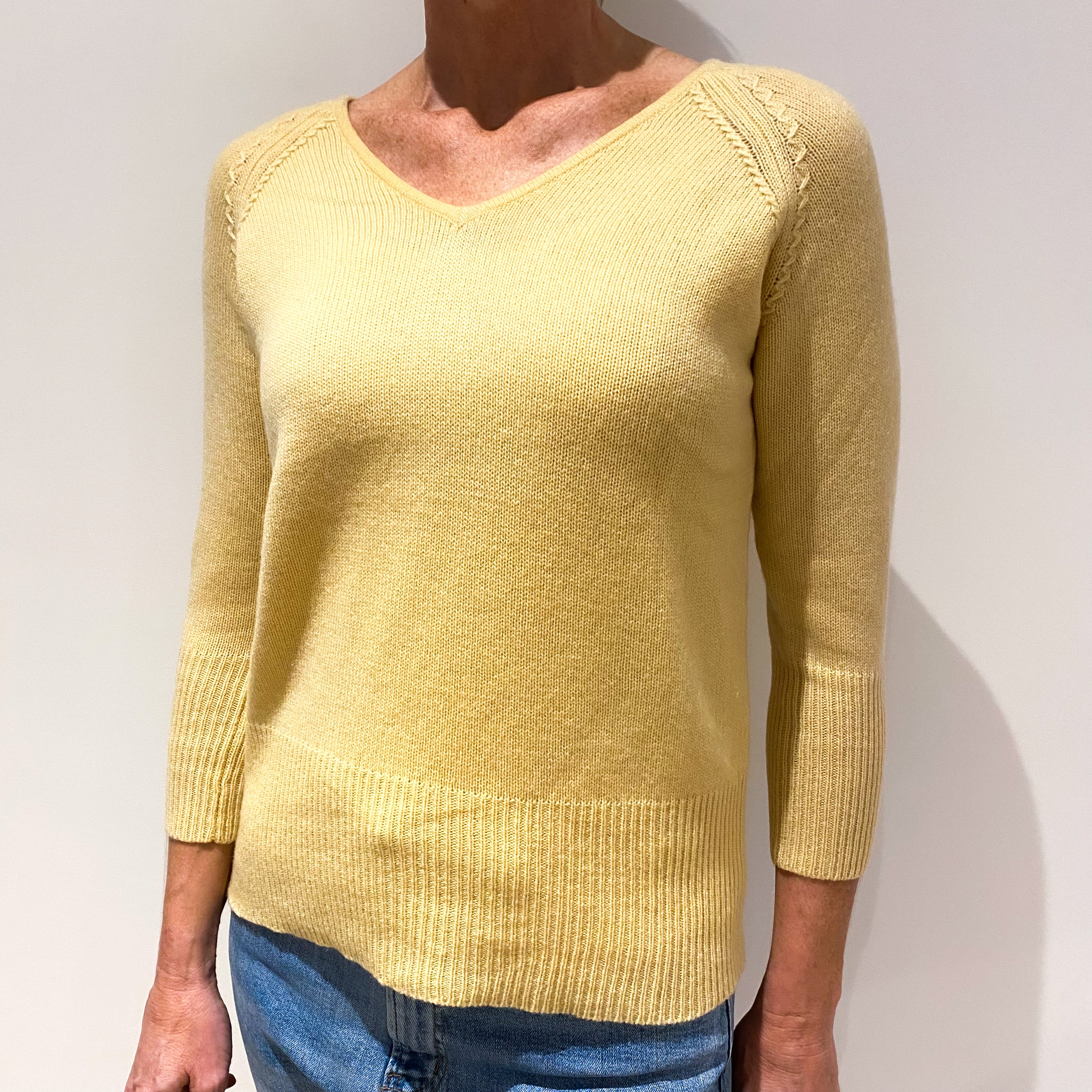 Lemon Yellow 3/4 Sleeve Cashmere V-Neck Jumper Small