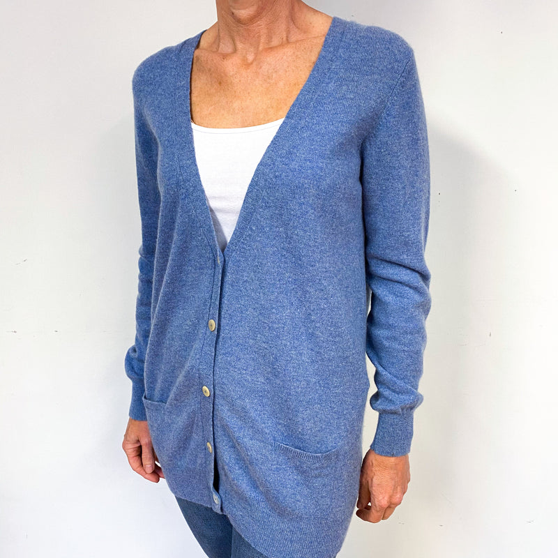 Tanzanite Blue Longline Cashmere V-Neck Cardigan Medium