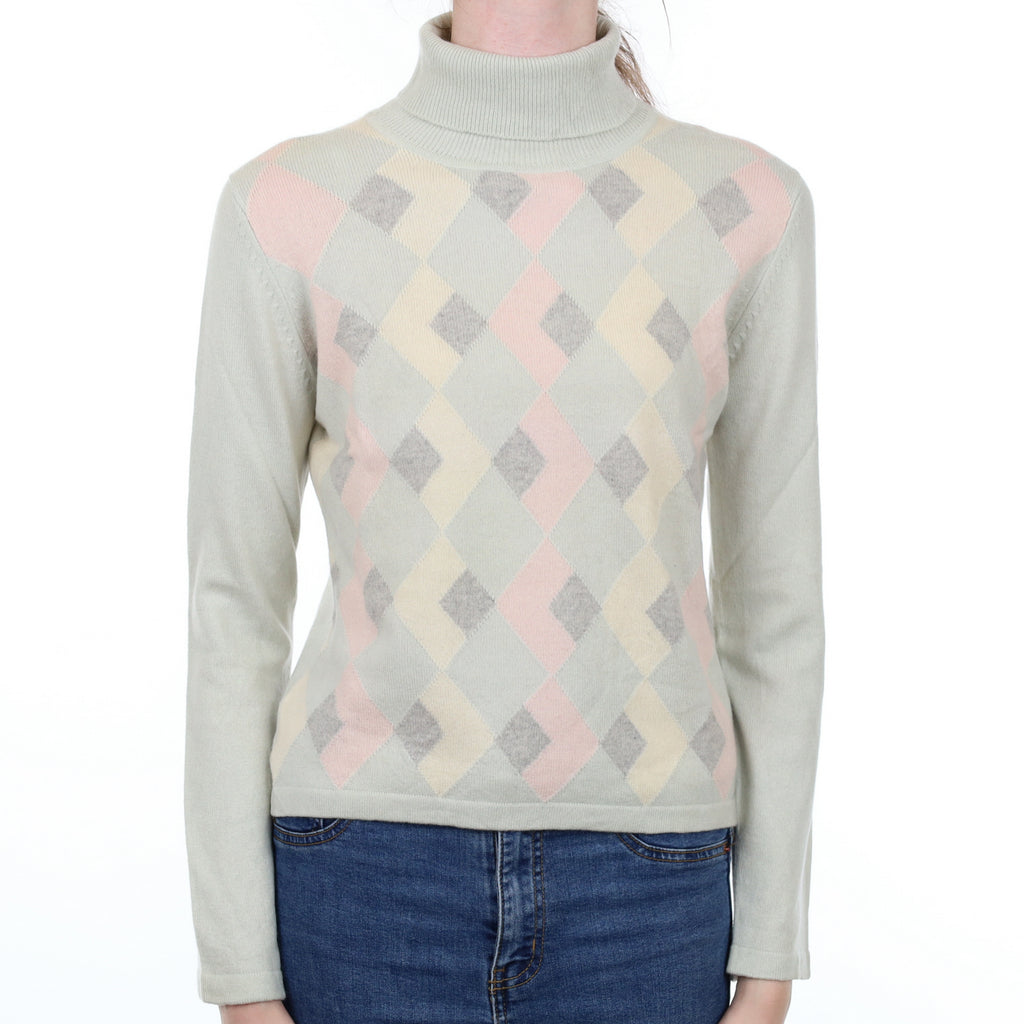 Pale Mint Diamond Cashmere Polo Neck Jumper Extra Small