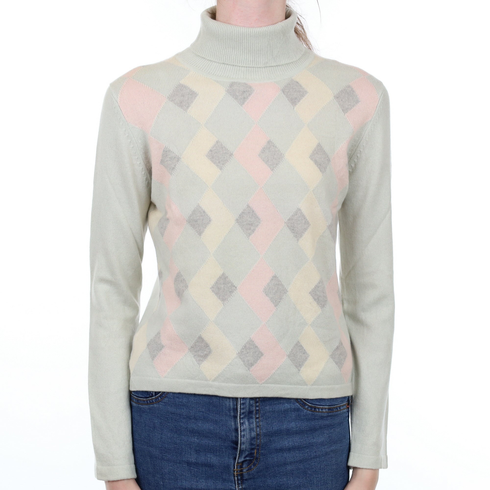 Pale Mint Diamond Cashmere Polo Neck Jumper Extra Small