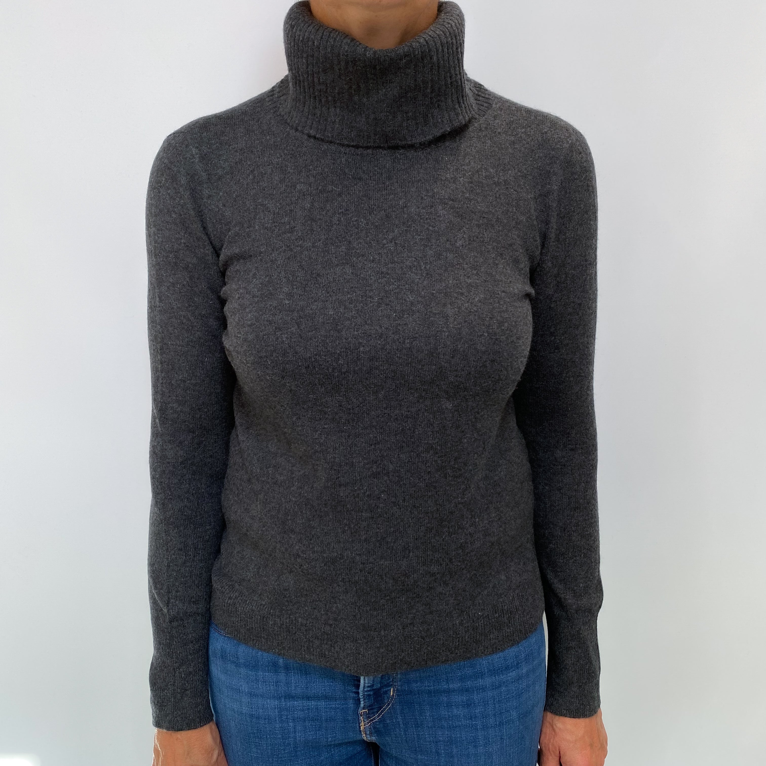 Charcoal Grey Cashmere Polo Neck Jumper Medium