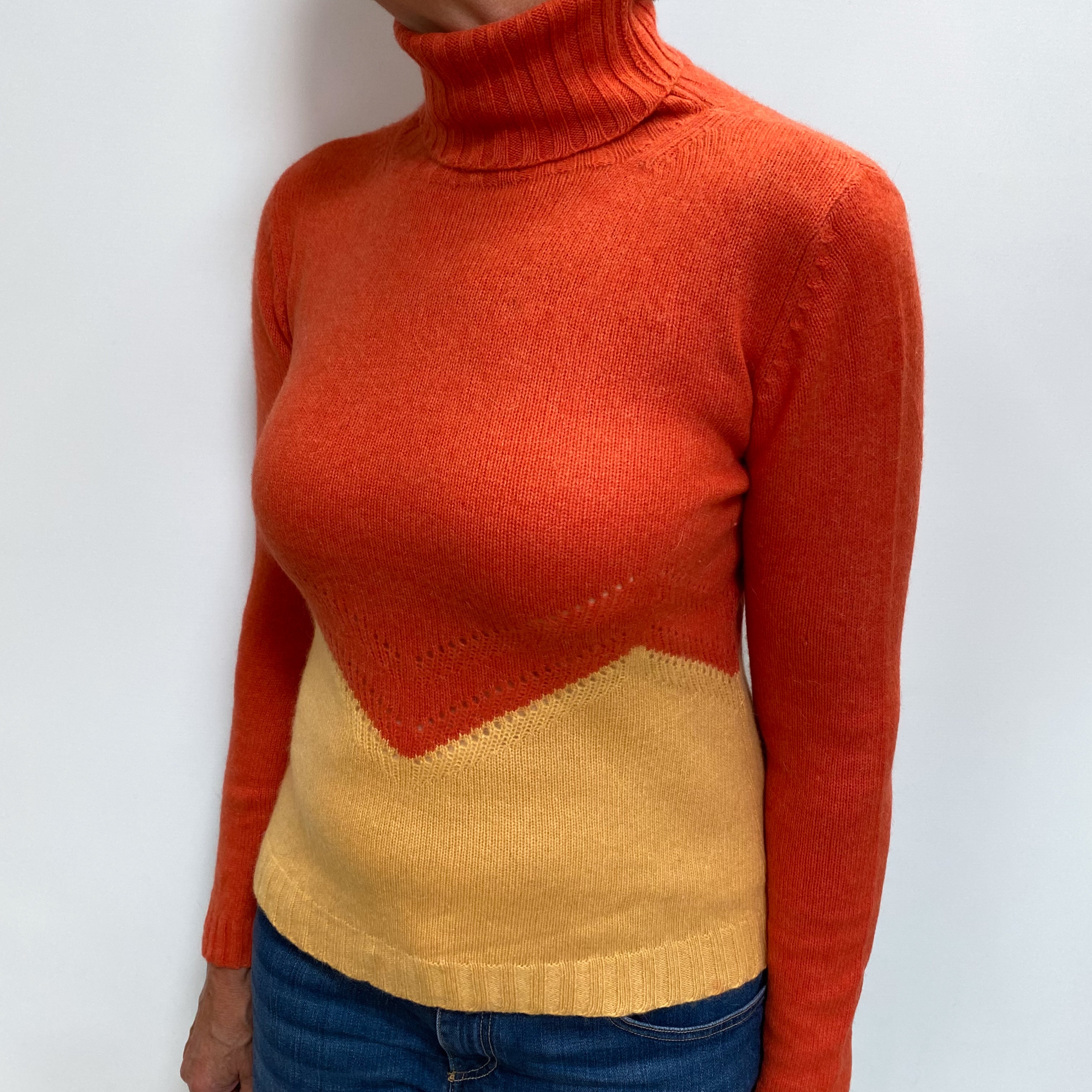 Pumpkin Orange And Yellow Colour Block Cashmere Polo Neck Jumper Medium