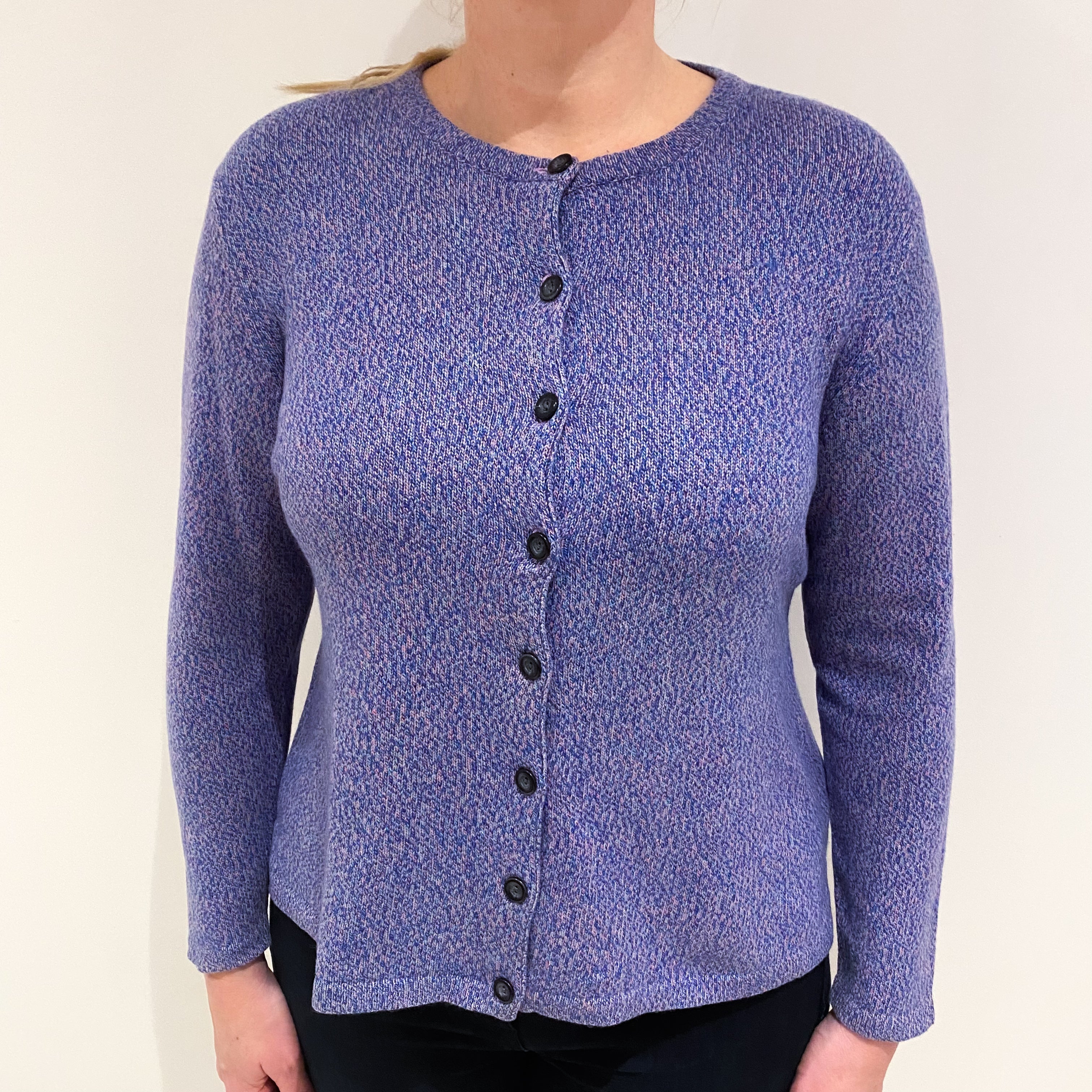 Bluebell and Mauve Cashmere Crew Neck Cardigan Large