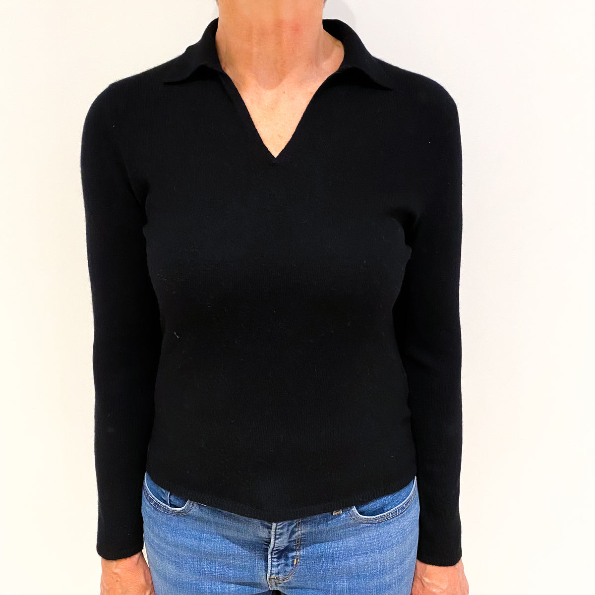 Black Cashmere Collared V Neck Jumper Medium