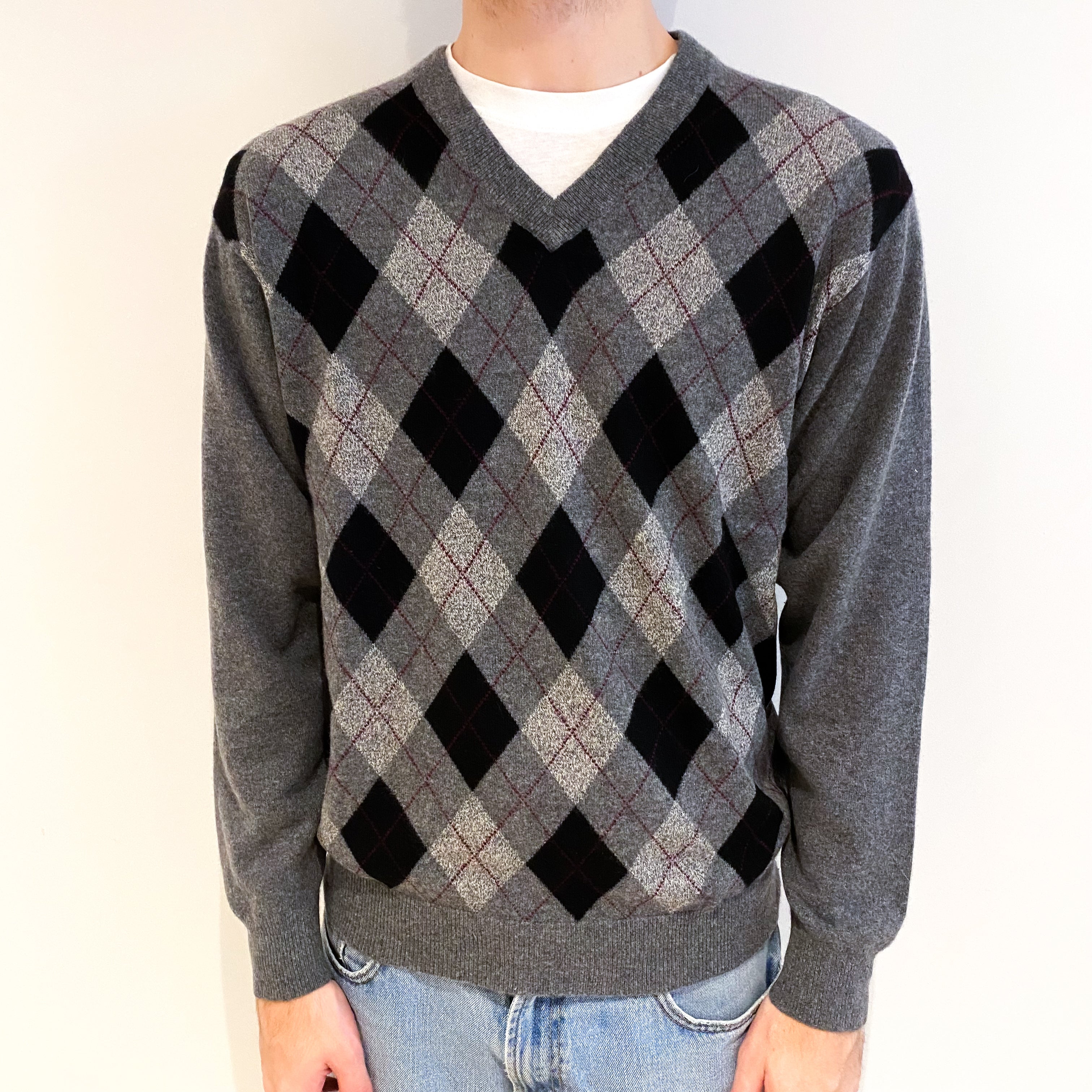 Men's Slate Grey Argyle Cashmere V Neck Jumper Large
