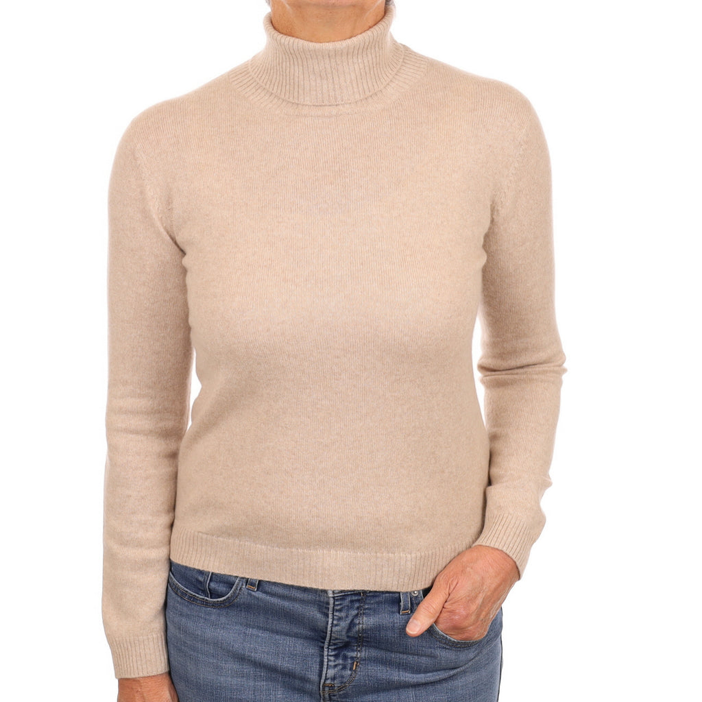 Biscuit Beige Cashmere Polo Neck Jumper Medium