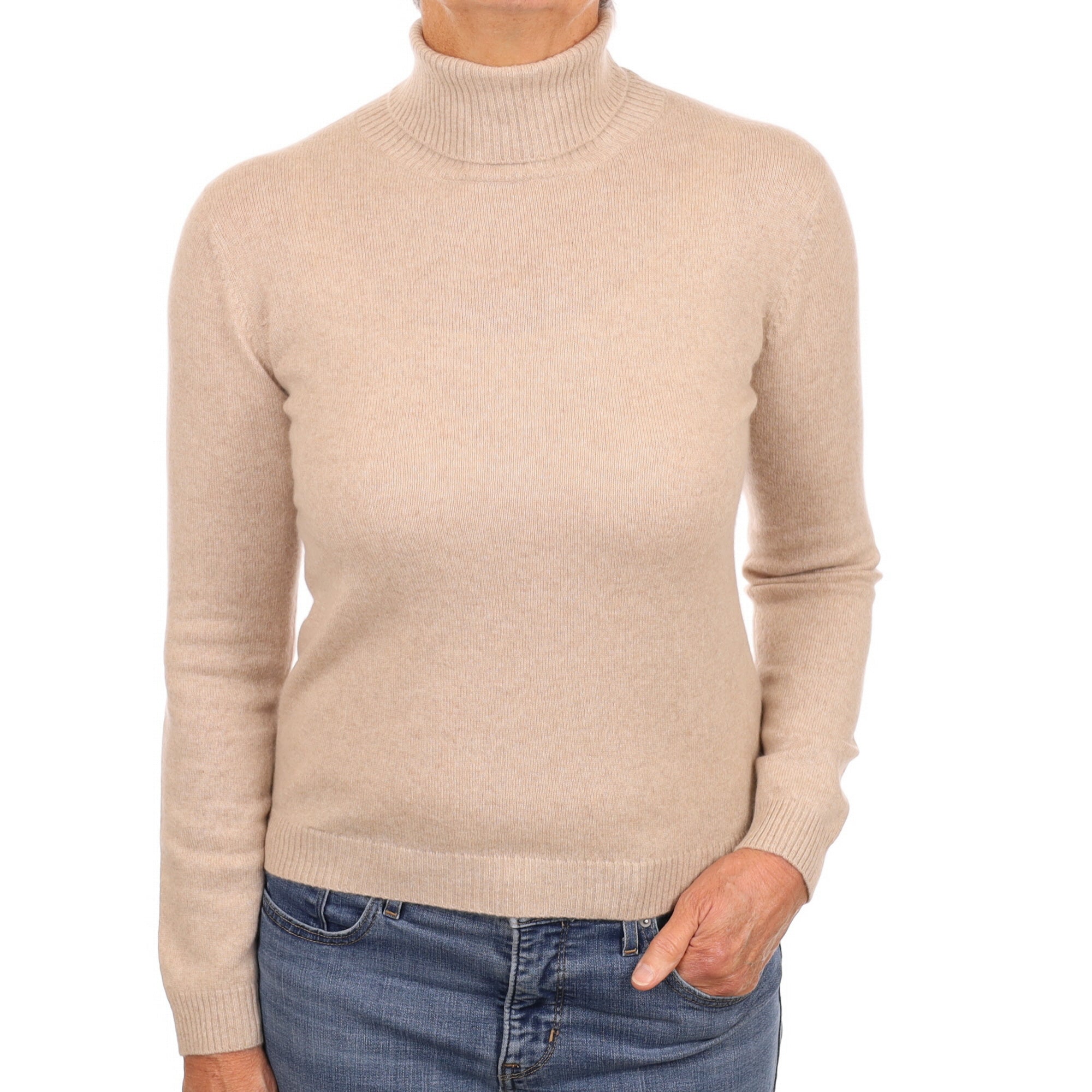 Biscuit Beige Cashmere Polo Neck Jumper Medium
