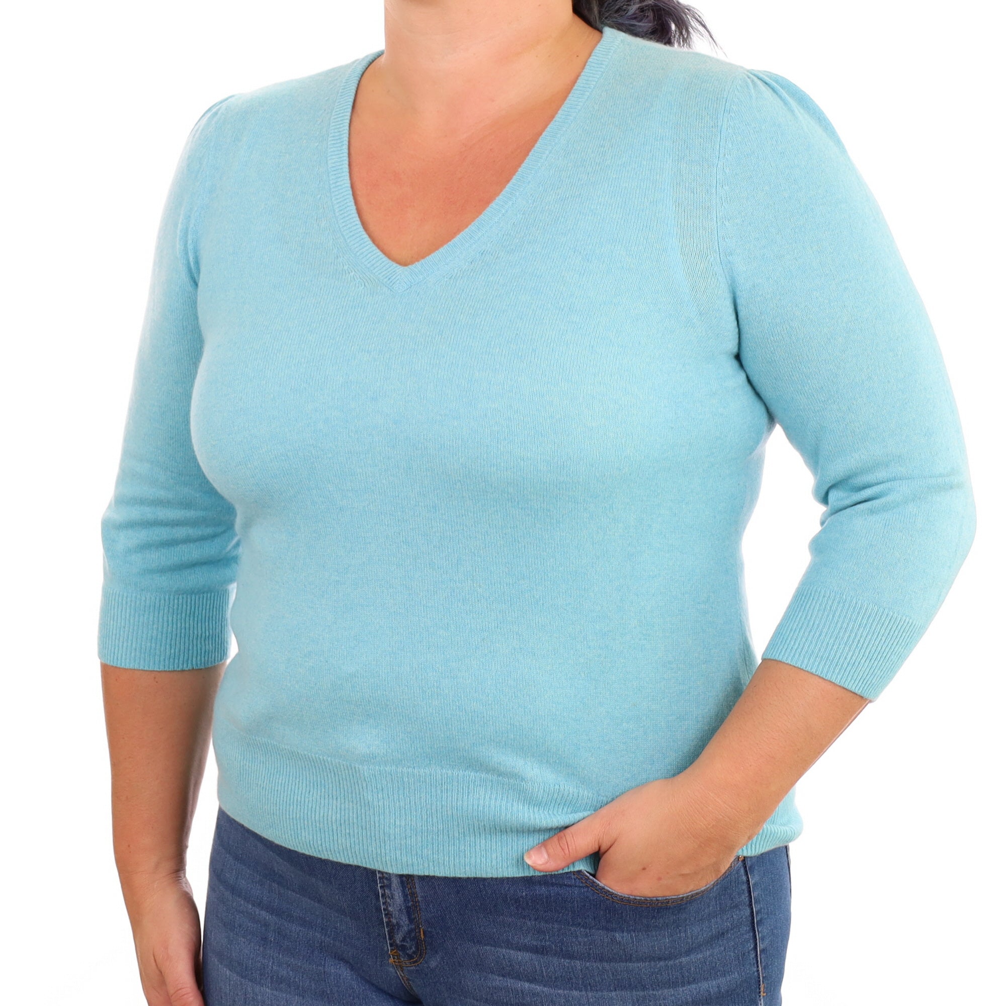 Aqua Blue Cashmere 3/4 Sleeve V Neck Jumper Large