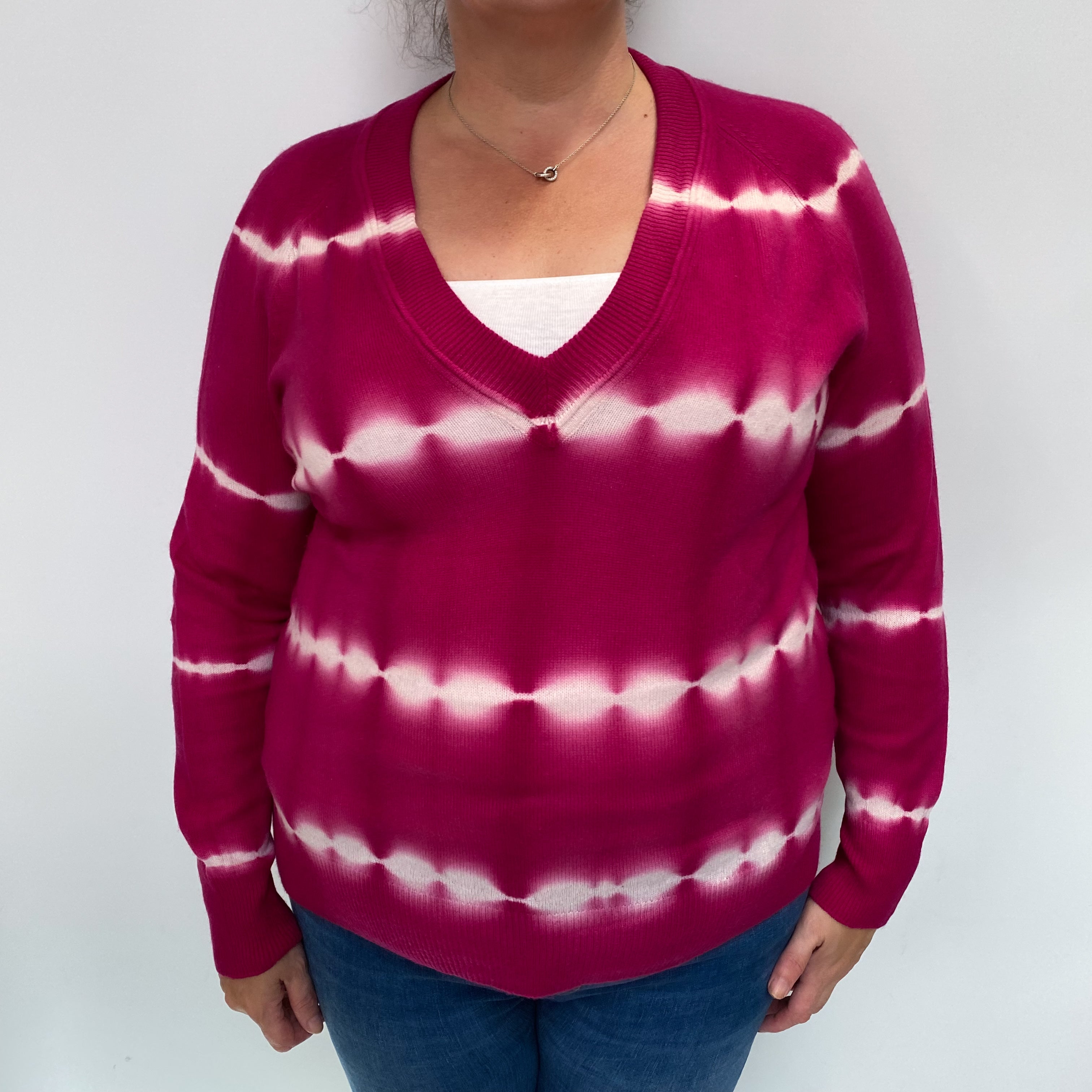 Cherry Pink Tie Dye Cashmere V Neck Jumper Extra Large