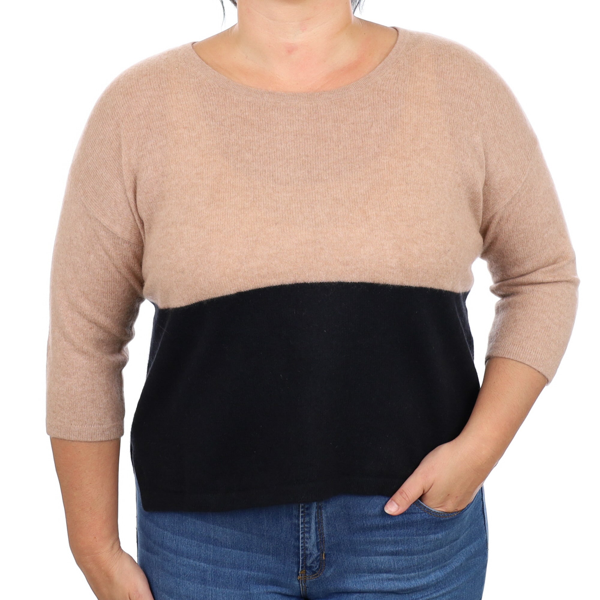 Black and Fudge Brown Colour Block Cashmere Crew Neck Jumper Large