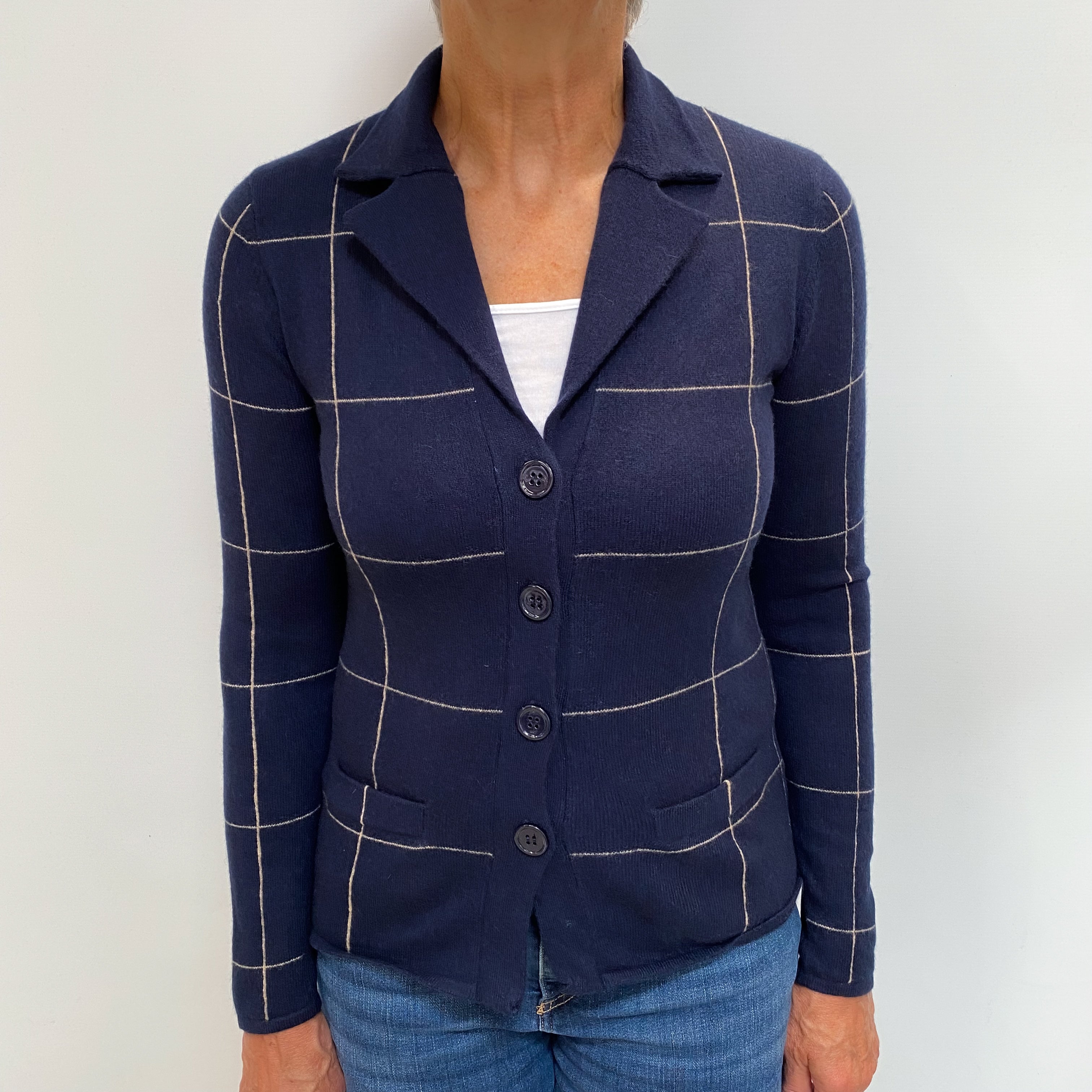 Navy Oatmeal Checked Cashmere Collared Cardigan Medium