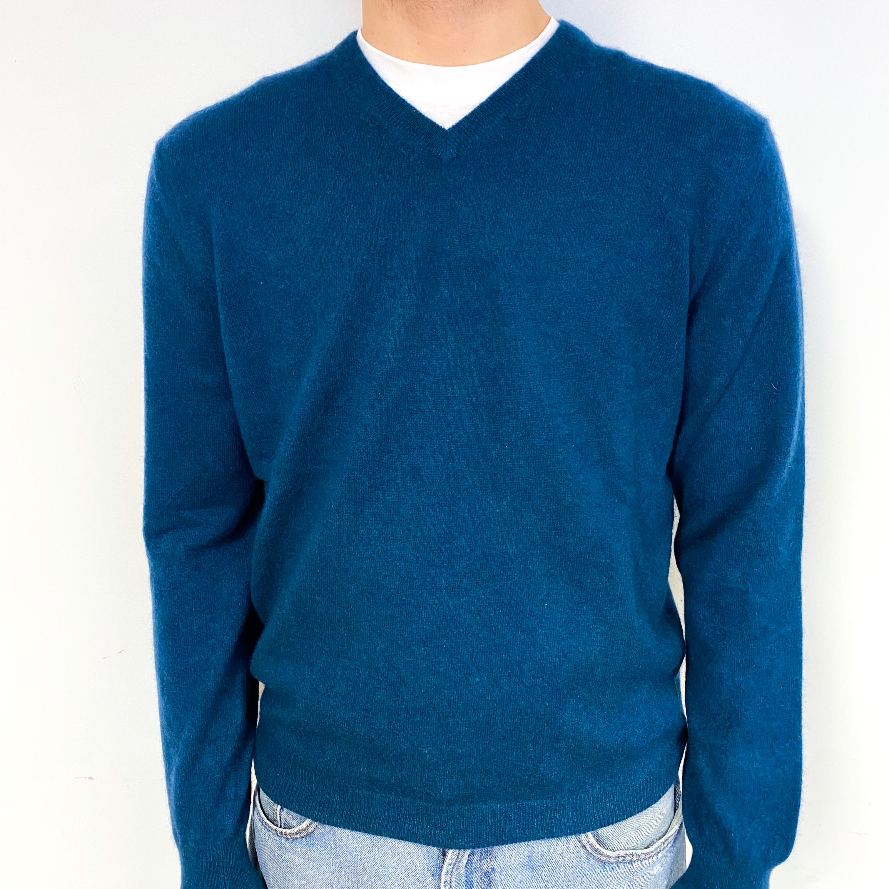 Men's Teal Blue Cashmere V-Neck Jumper Medium