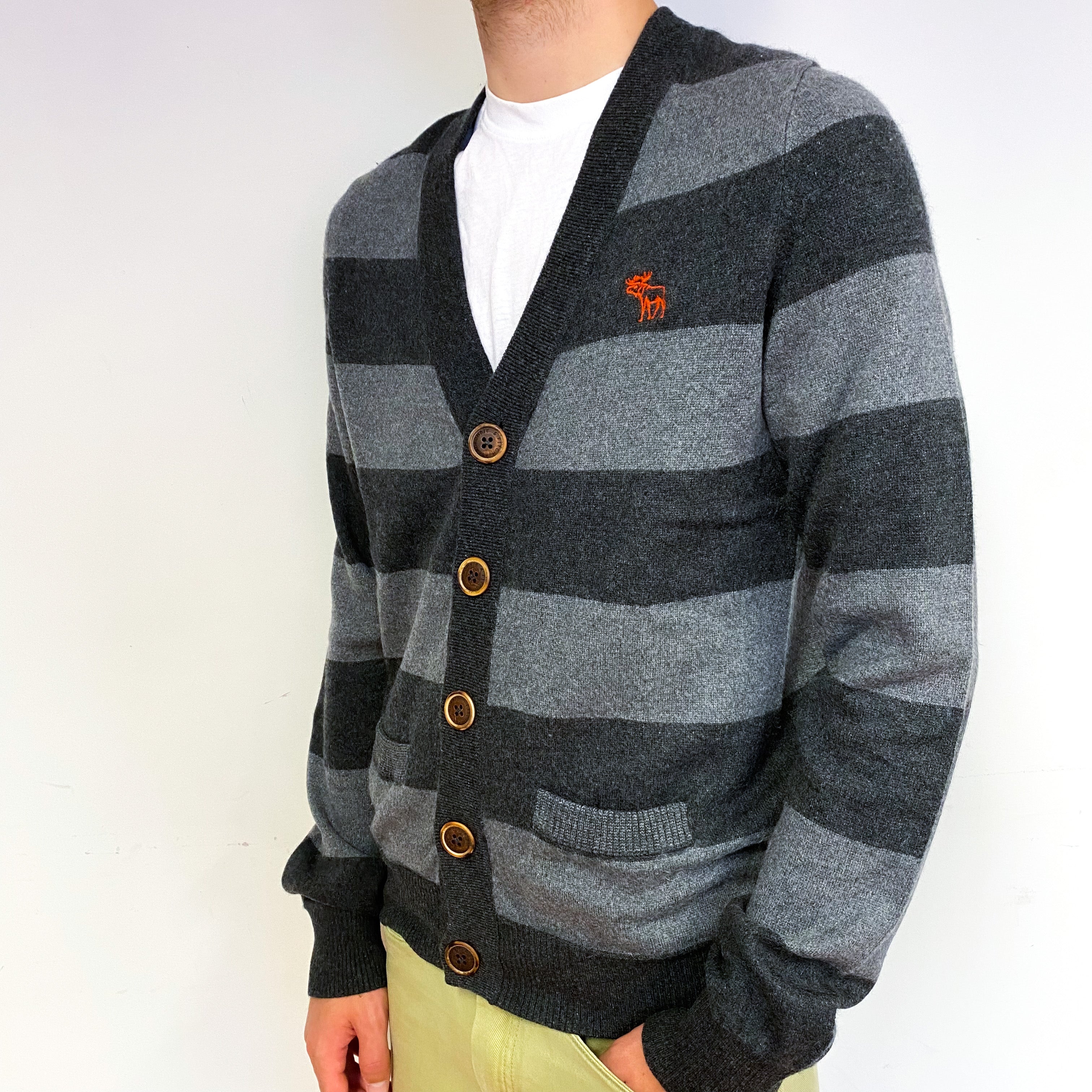 Men's Abercrombie & Fitch Grey Stripe Cashmere V-Neck Cardigan Large