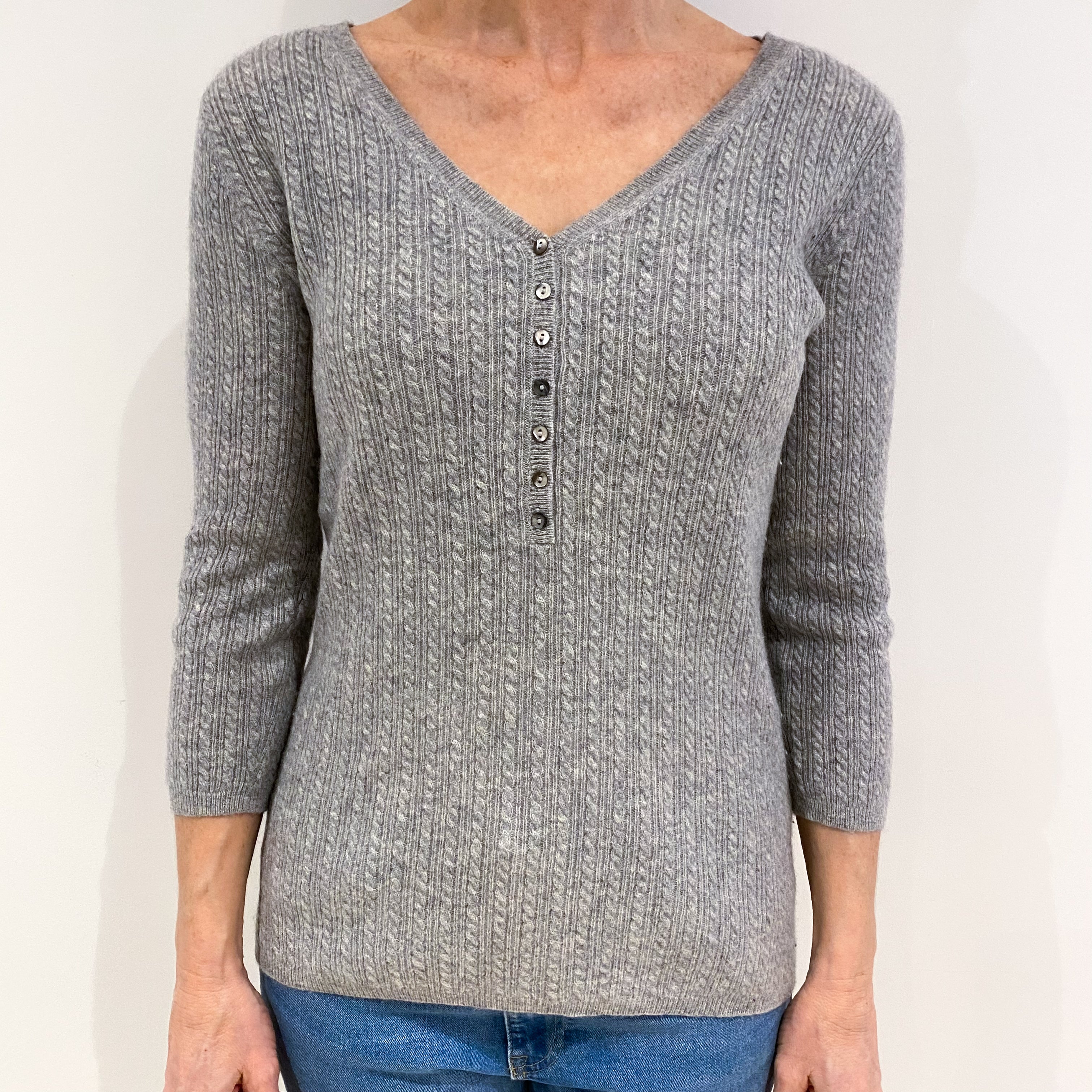 Smoke Grey Cable Cashmere Buttoned V Neck Jumper Small