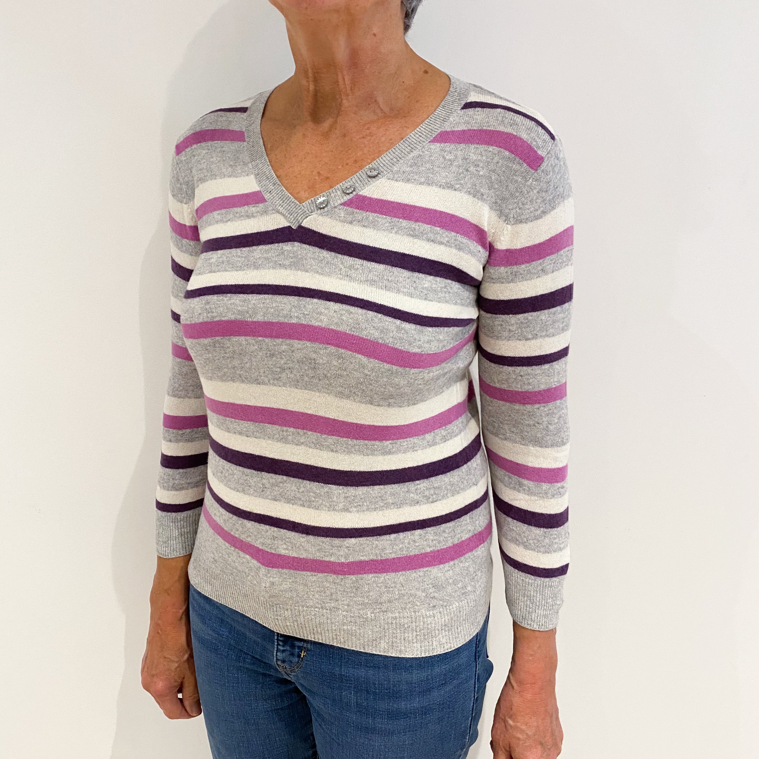 Grey Purple Stripe Cashmere V-Neck Jumper Medium