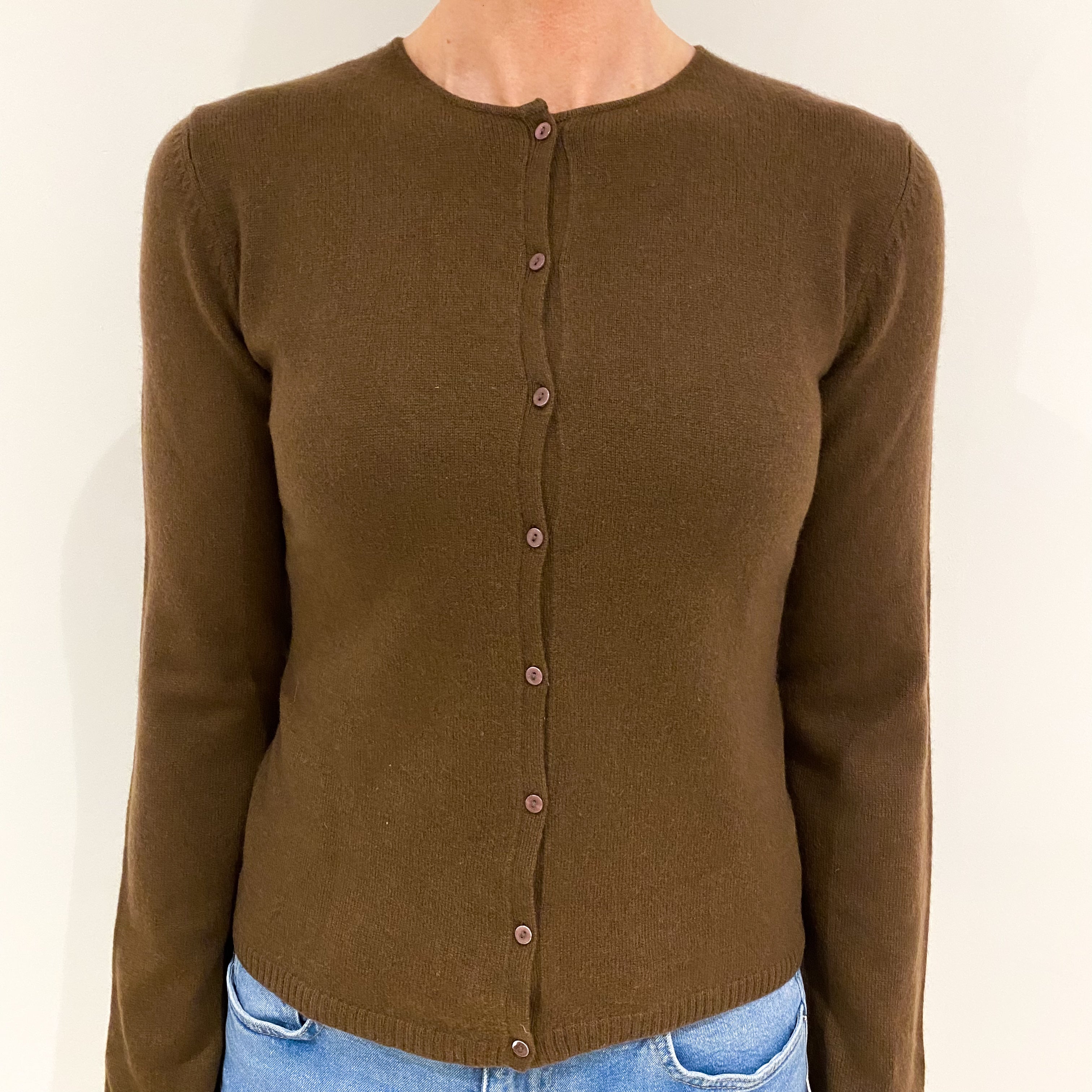 Chocolate Brown Cashmere Crew Neck Cardigan Small