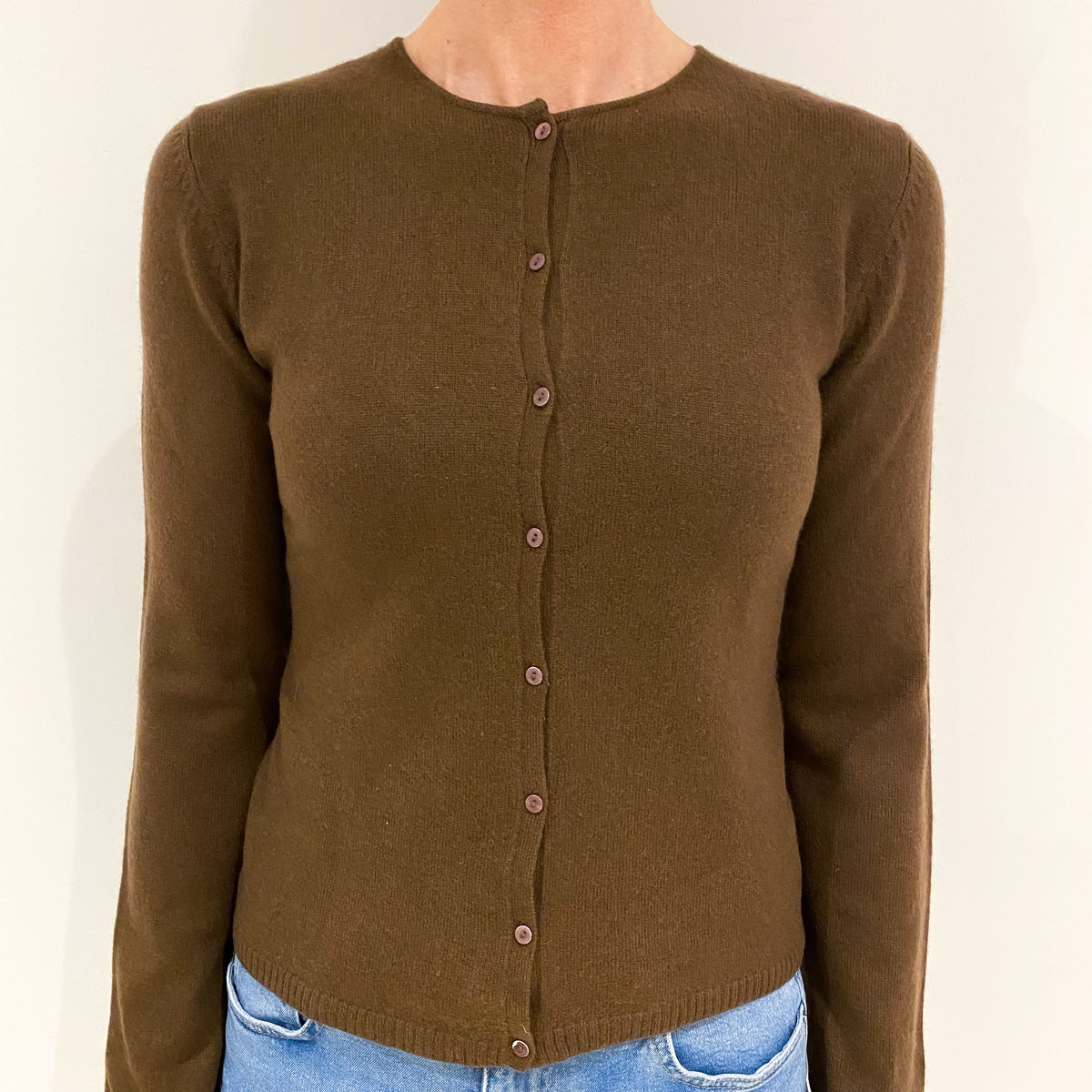 Chocolate Brown Cashmere Crew Neck Cardigan Small